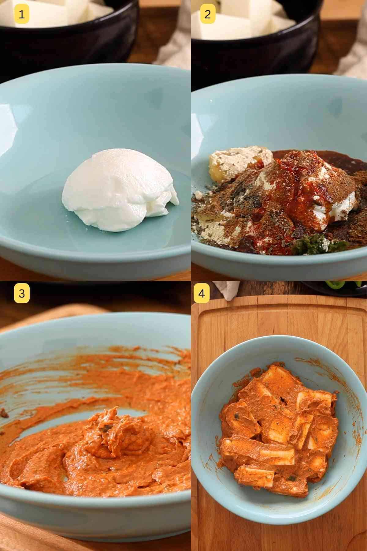 Making yogurt marinade for paneer tikka.