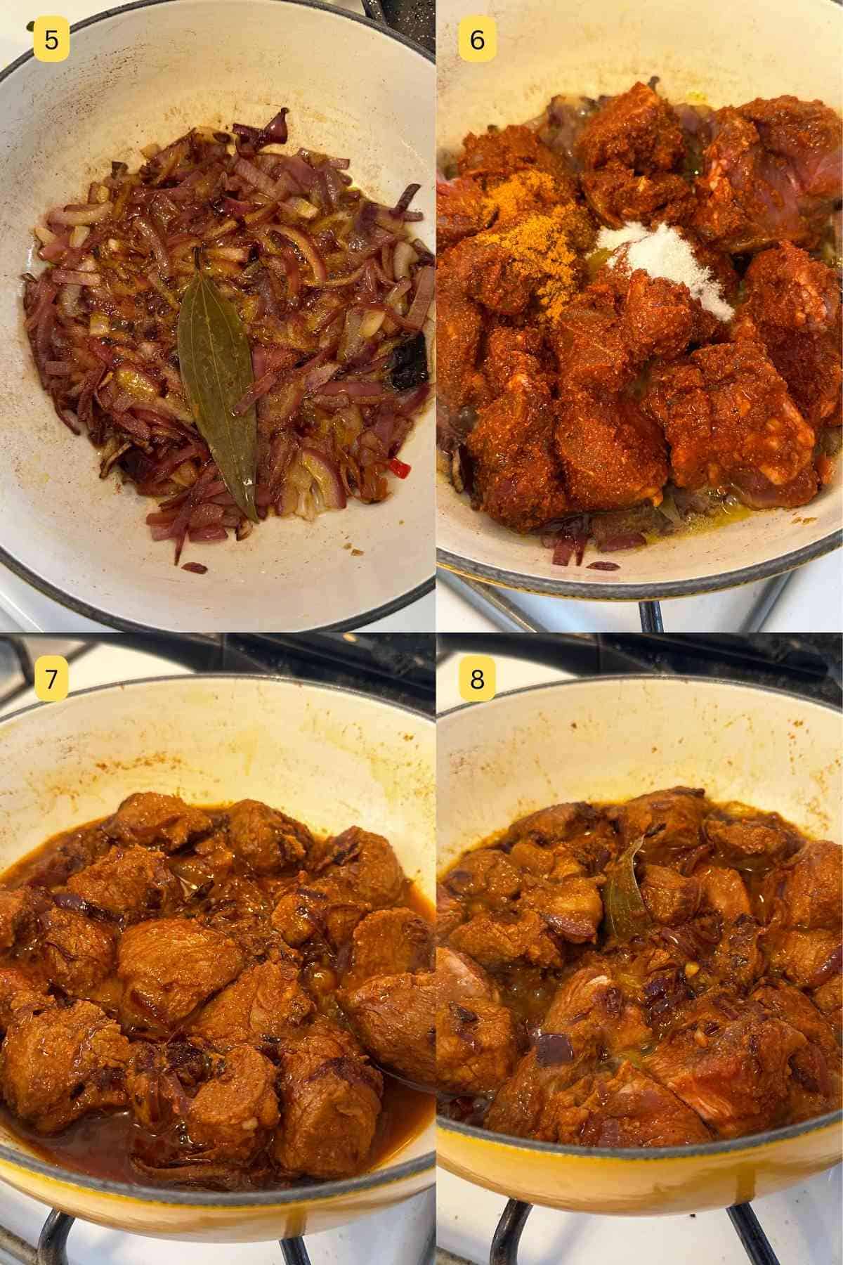 Browned onions and marinated lamb cooking together.