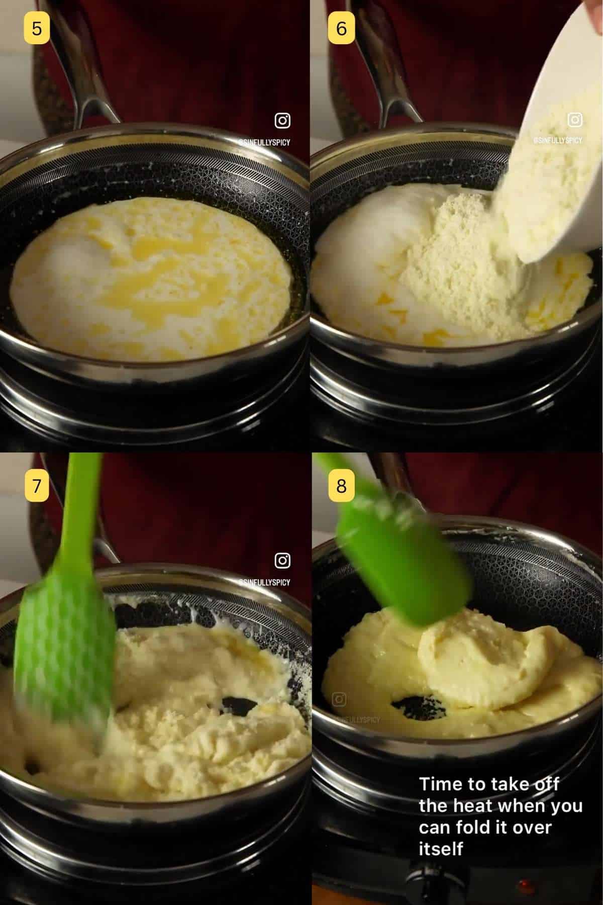 Cooking milk, ghee and milk powder to make mawa.