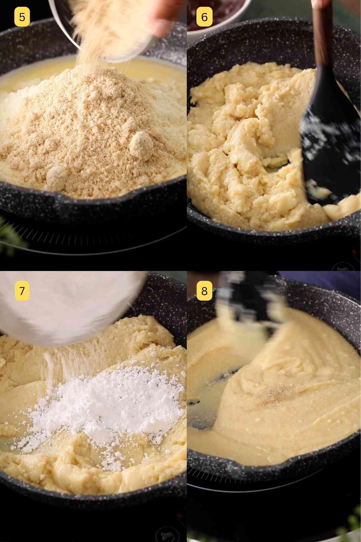 Adding milk powder and ground cashews to burfi mixture. 