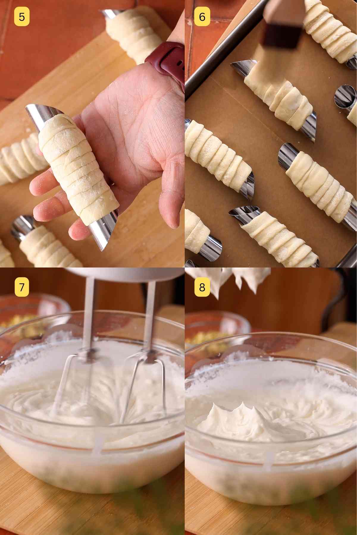 Shaping puff pastry strips around a mould.