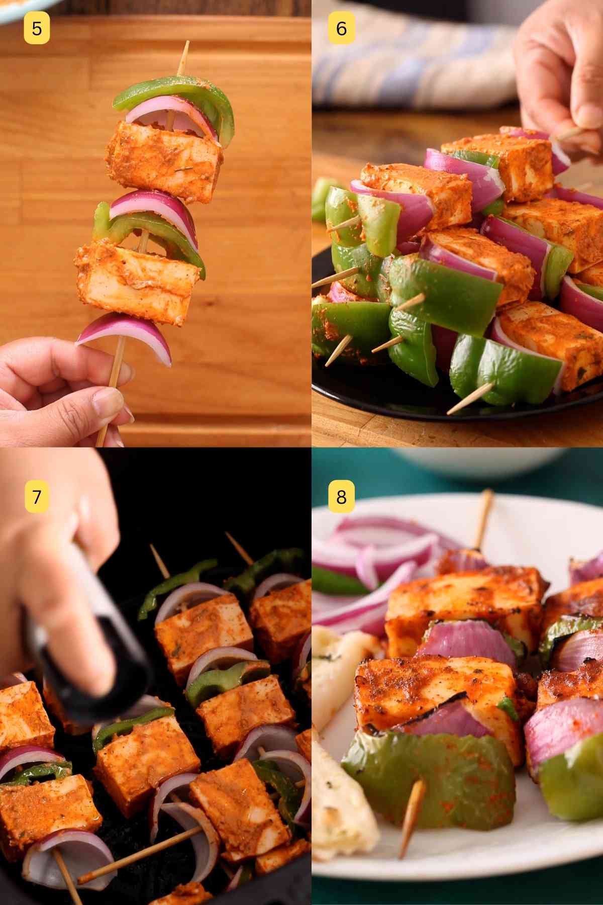 Air frying paneer and vegetable skewers.