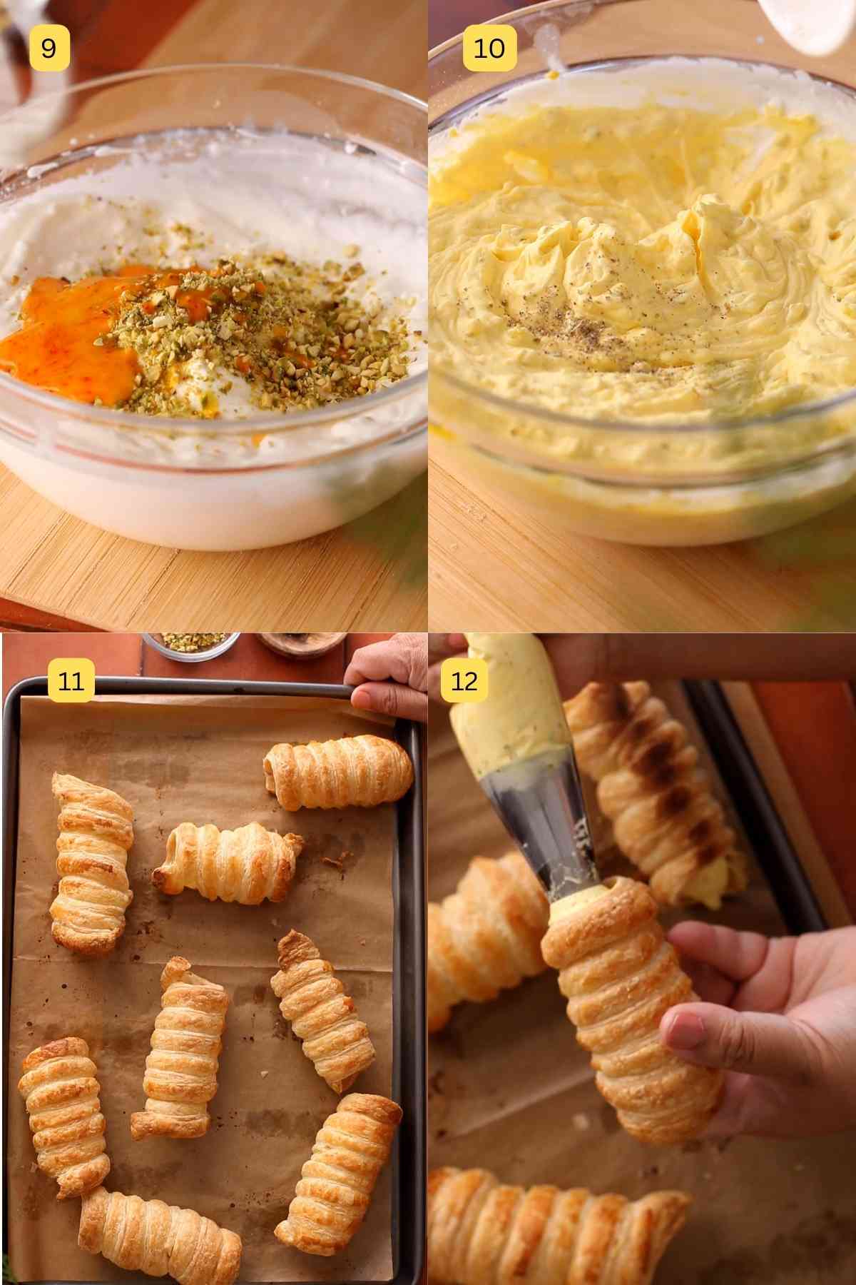 Making pistachio cream and stuffing in pastry shells.