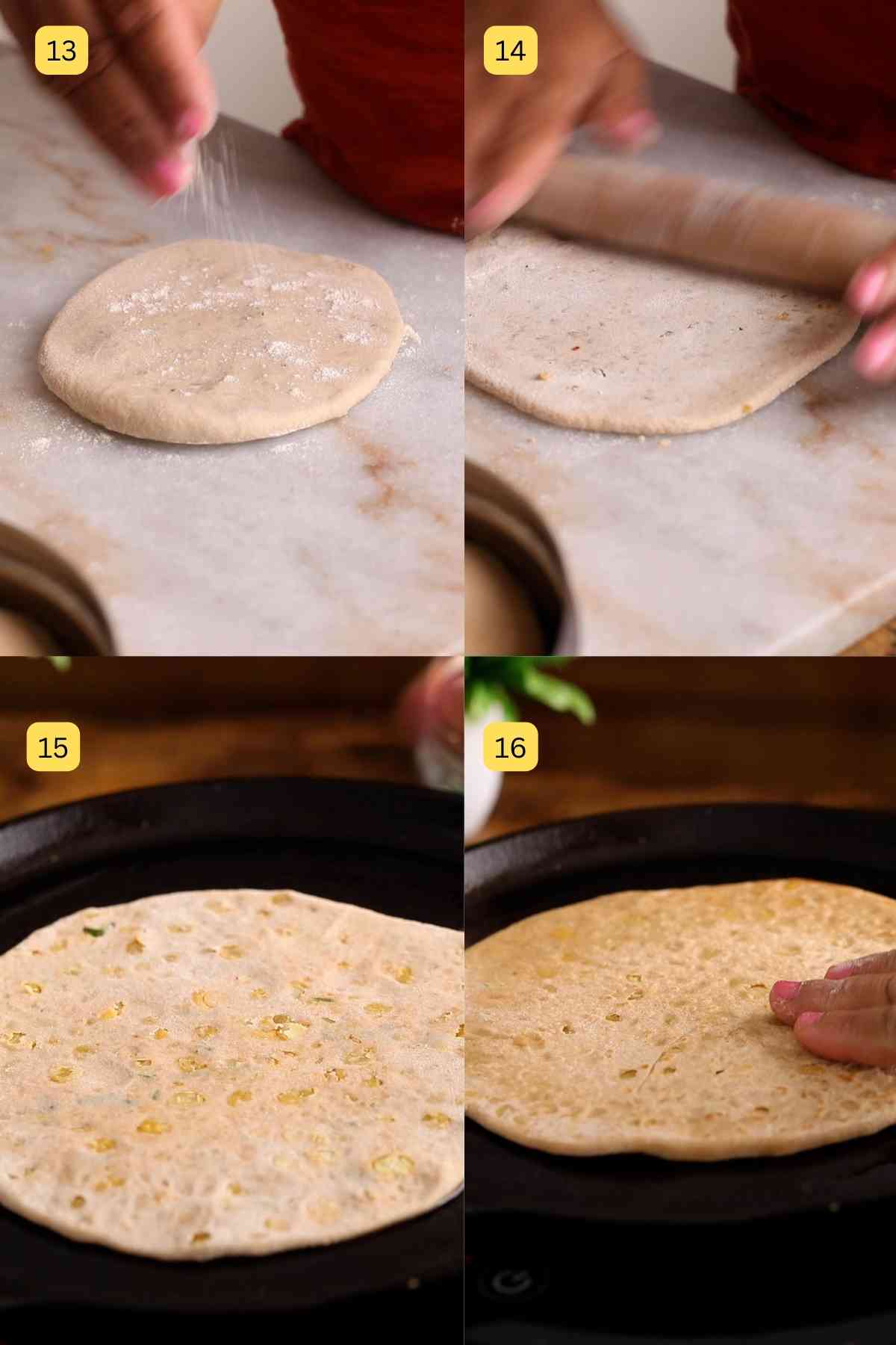 Rolling stuffed dal paratha.