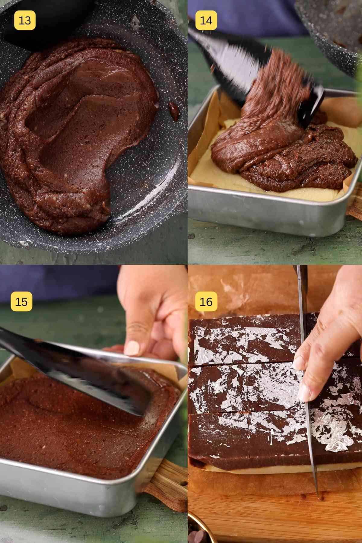 Setting layers of chocolate barfi.
