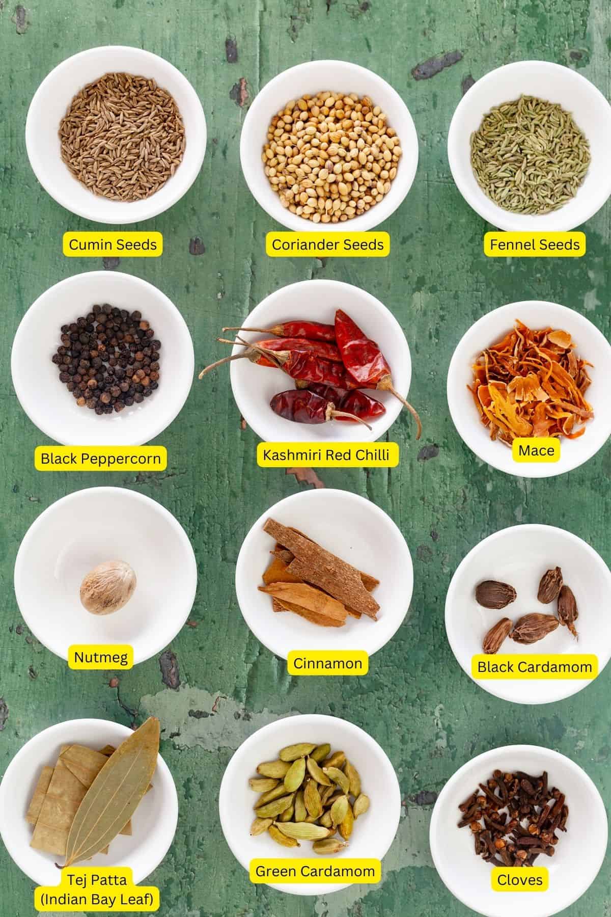 Whole spices needed to make indian garam masala.