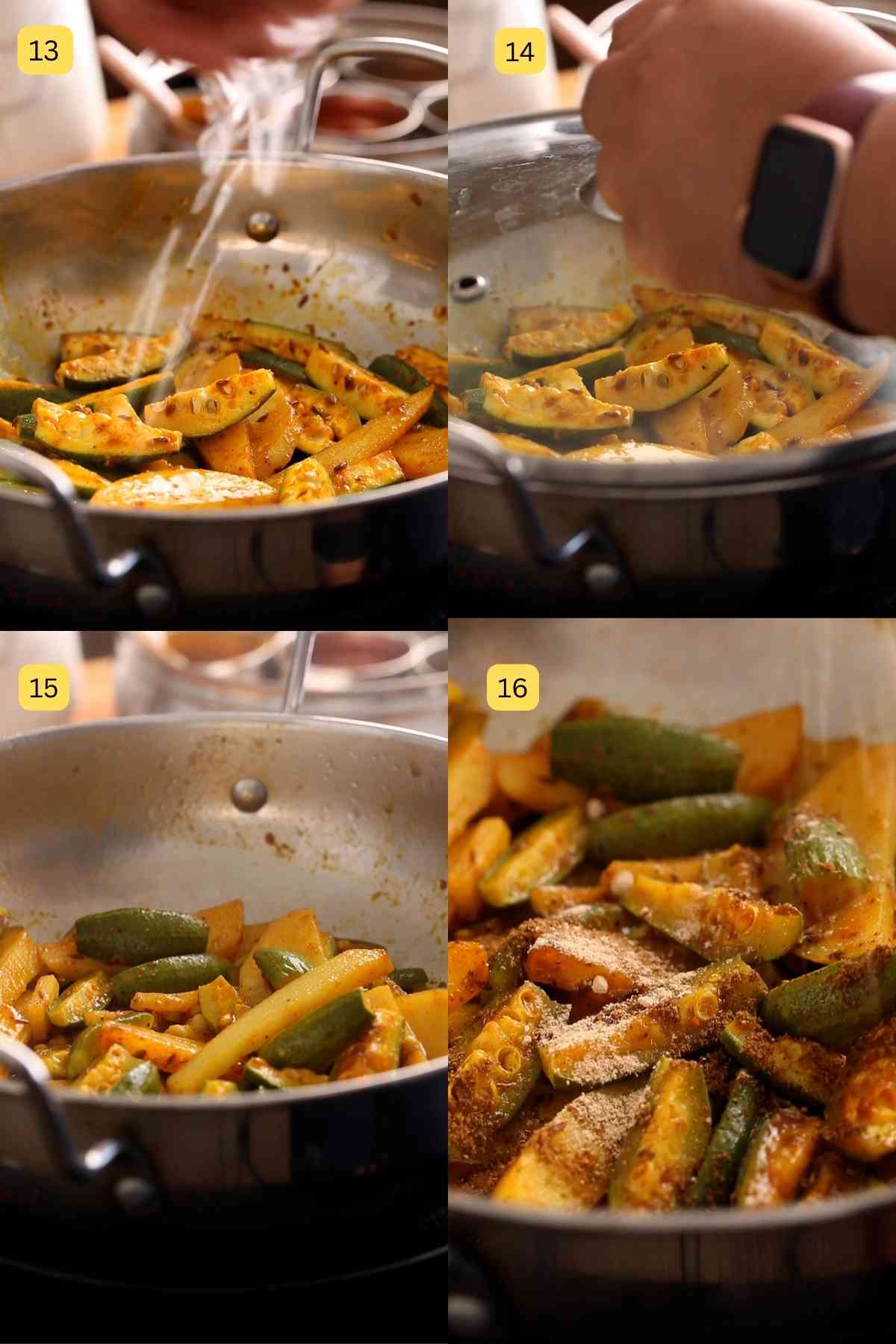 Finishing parwal ki sabji with spices.