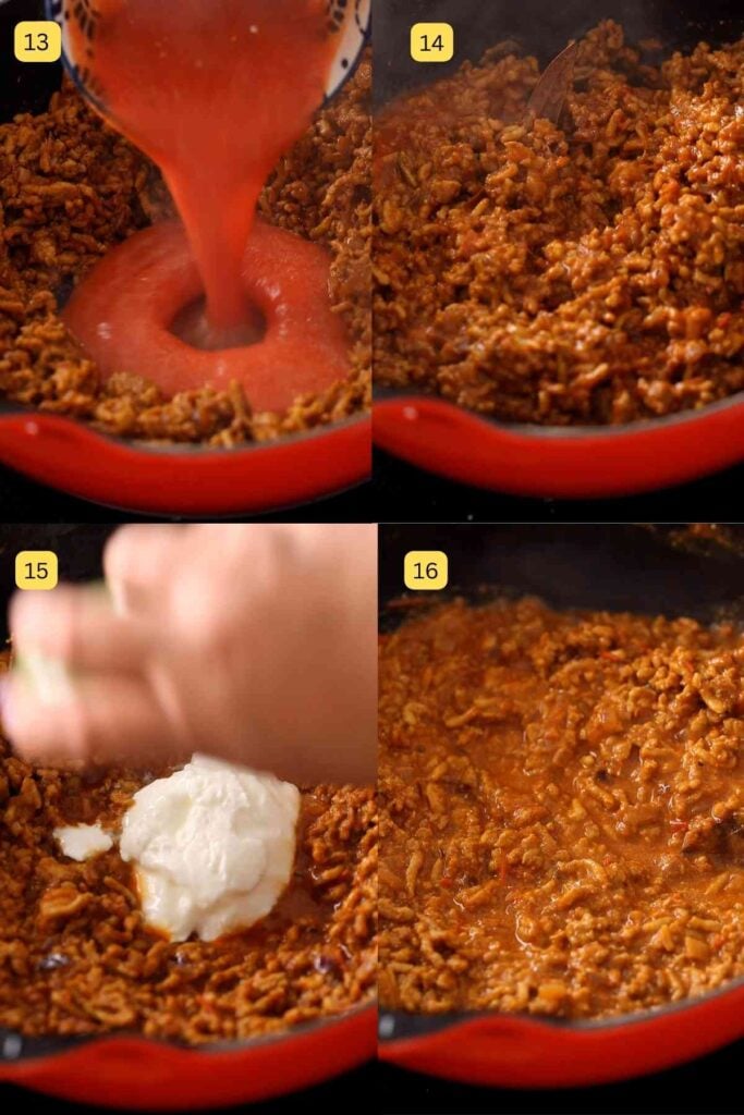 Mixing tomato puree and yogurt to ground chicken.