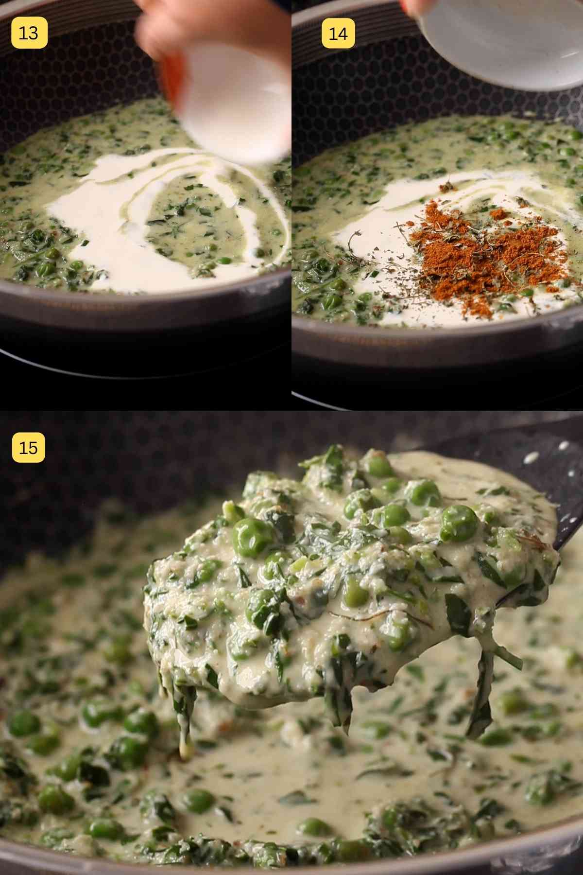 Finishing methi matar with cream and spices.