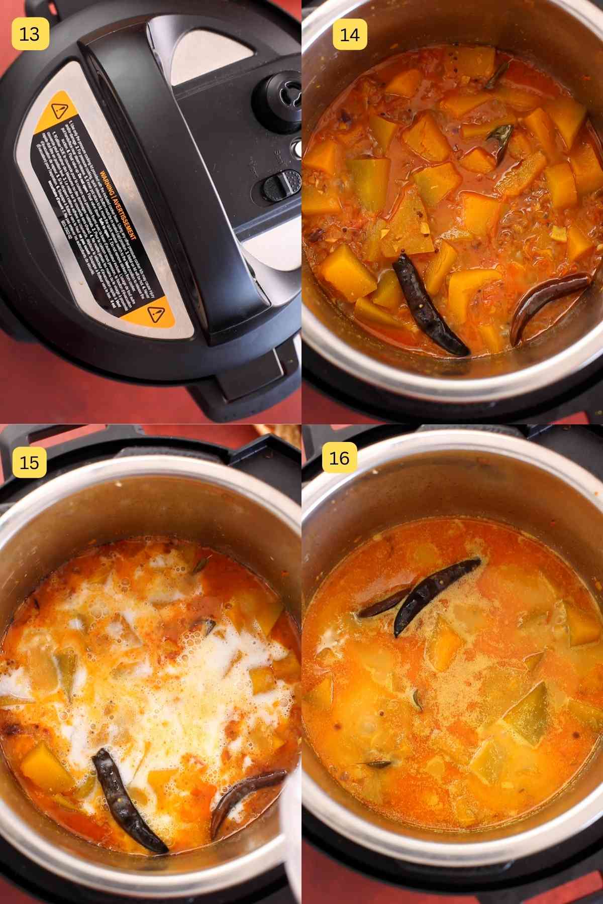 Adding cococnut milk to the curry.