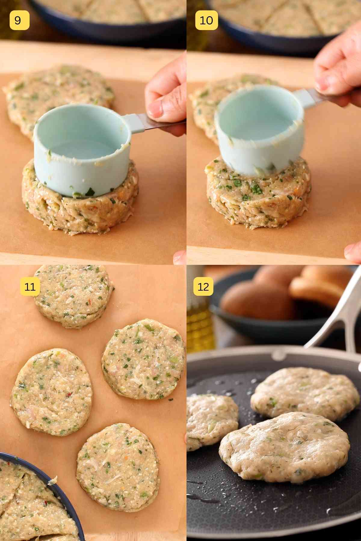 Shaping the ground chicken patties using a massacring cup.