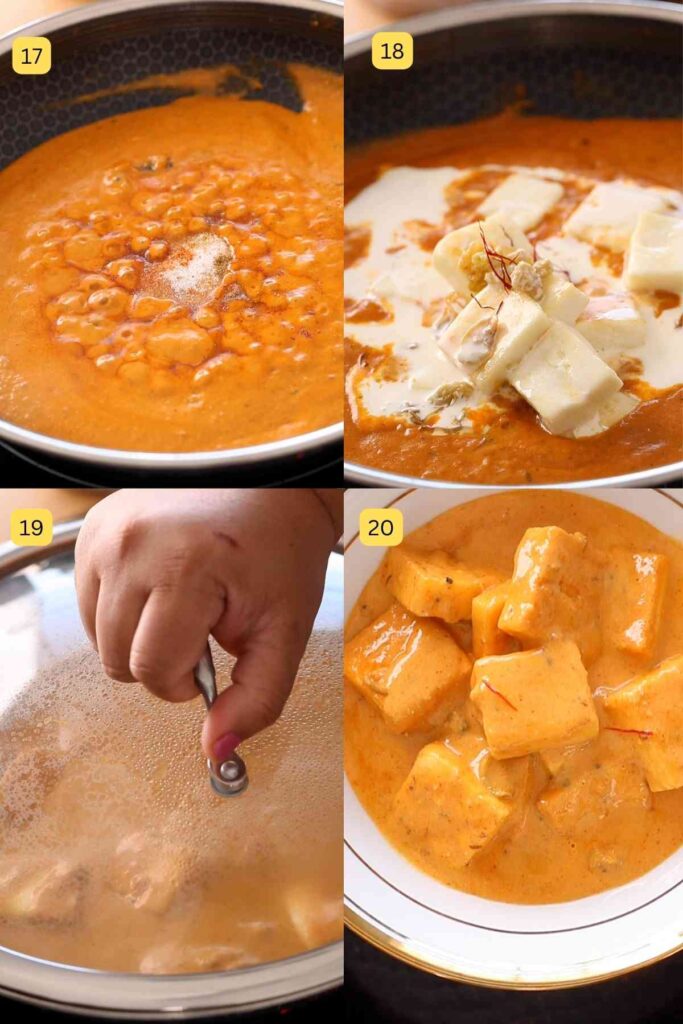 Finishing paneer korma with saffron and cream.