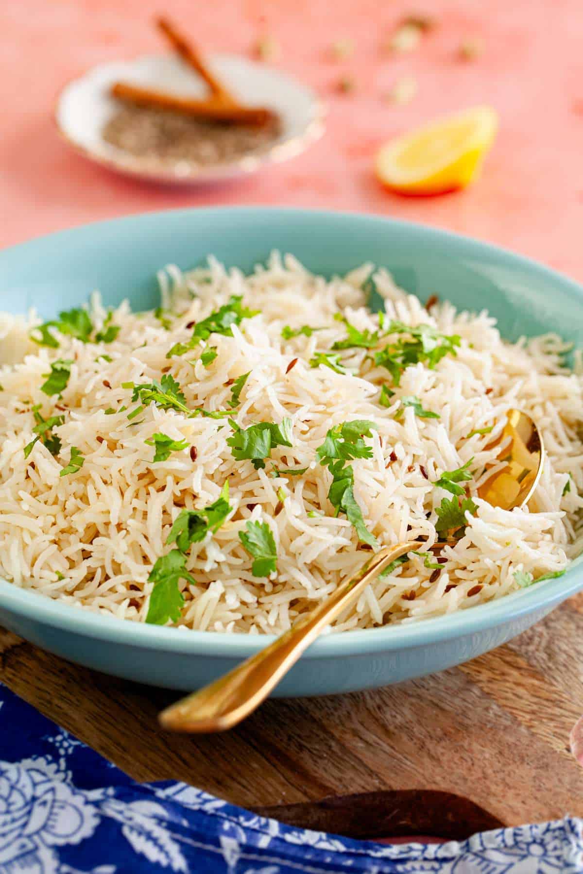 Side view of Instant Pot jeera rice. 