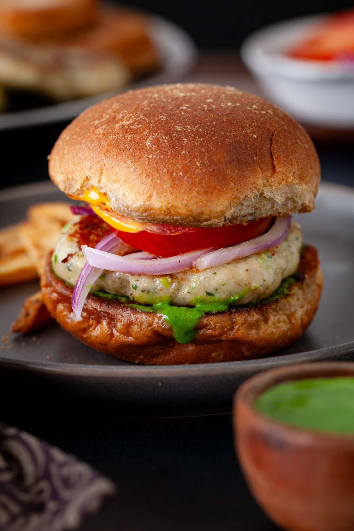 Close up of indian chicken burger.
