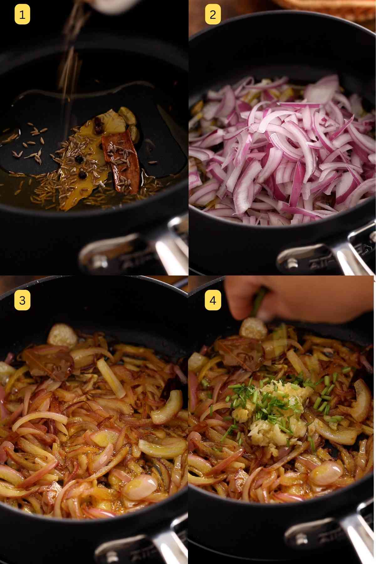 Tempering oil with whole spices and browning onions. 