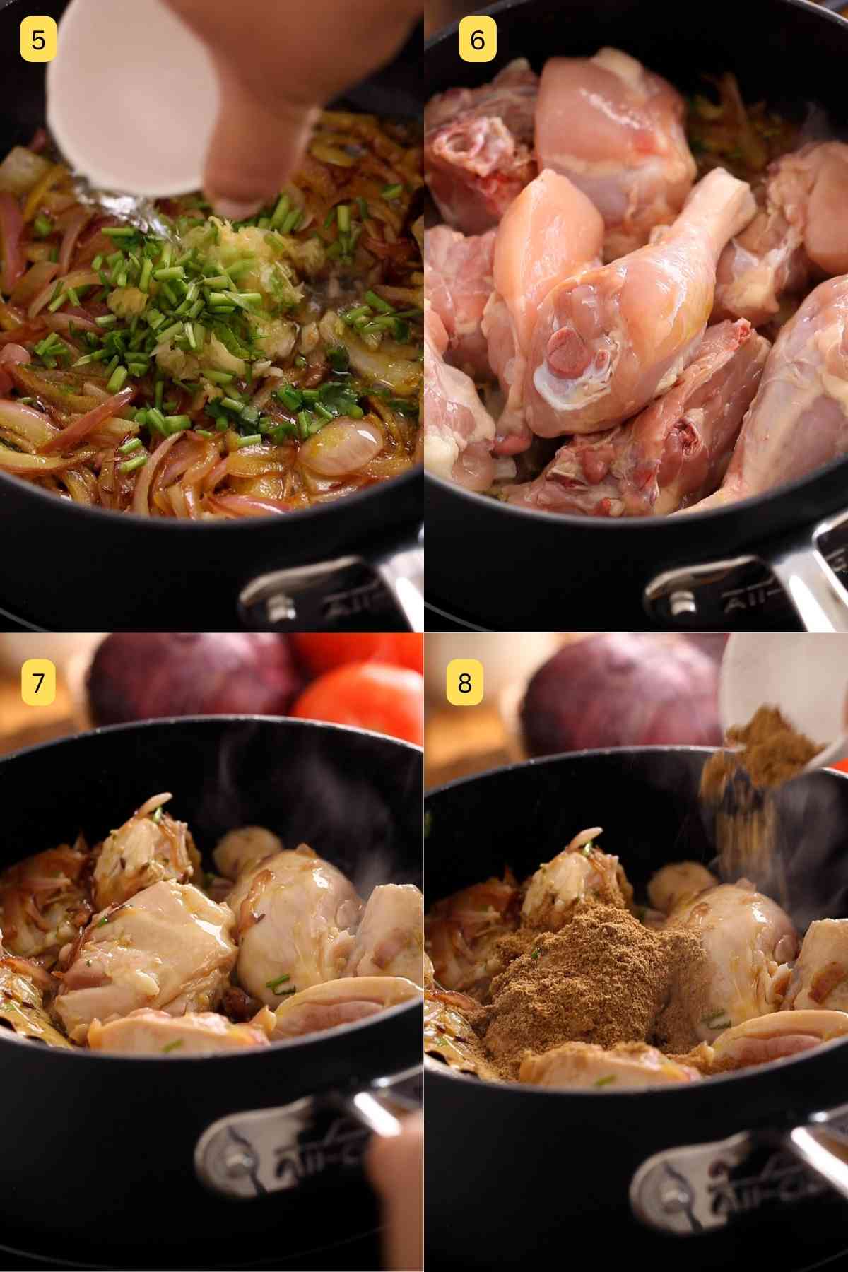 Searing chicken with browned onions.