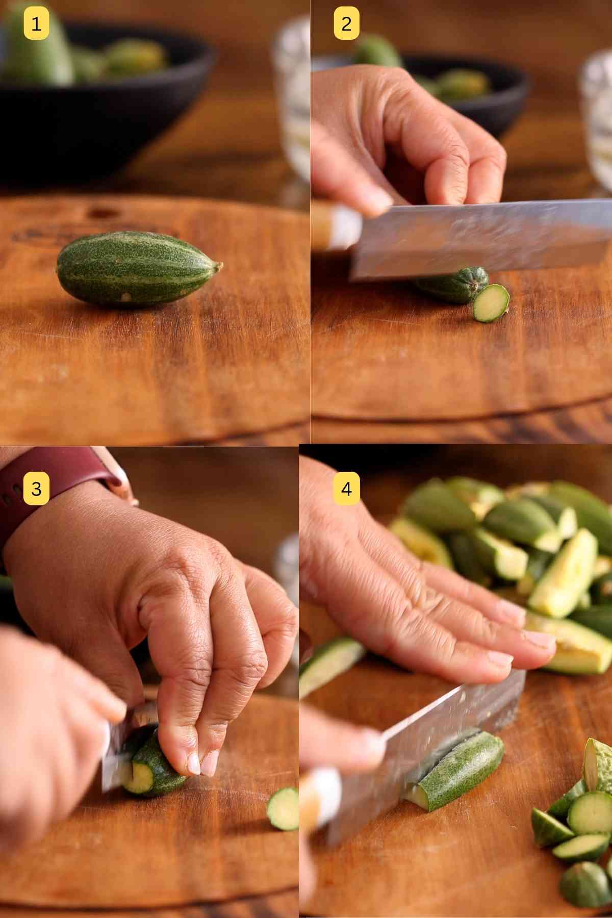 Pictures showing how to cut parwal.