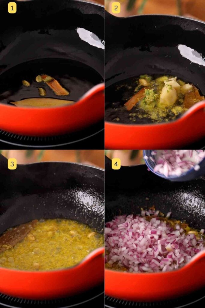 Tempering oil with whole spices, ginger, garlic and green chilli.