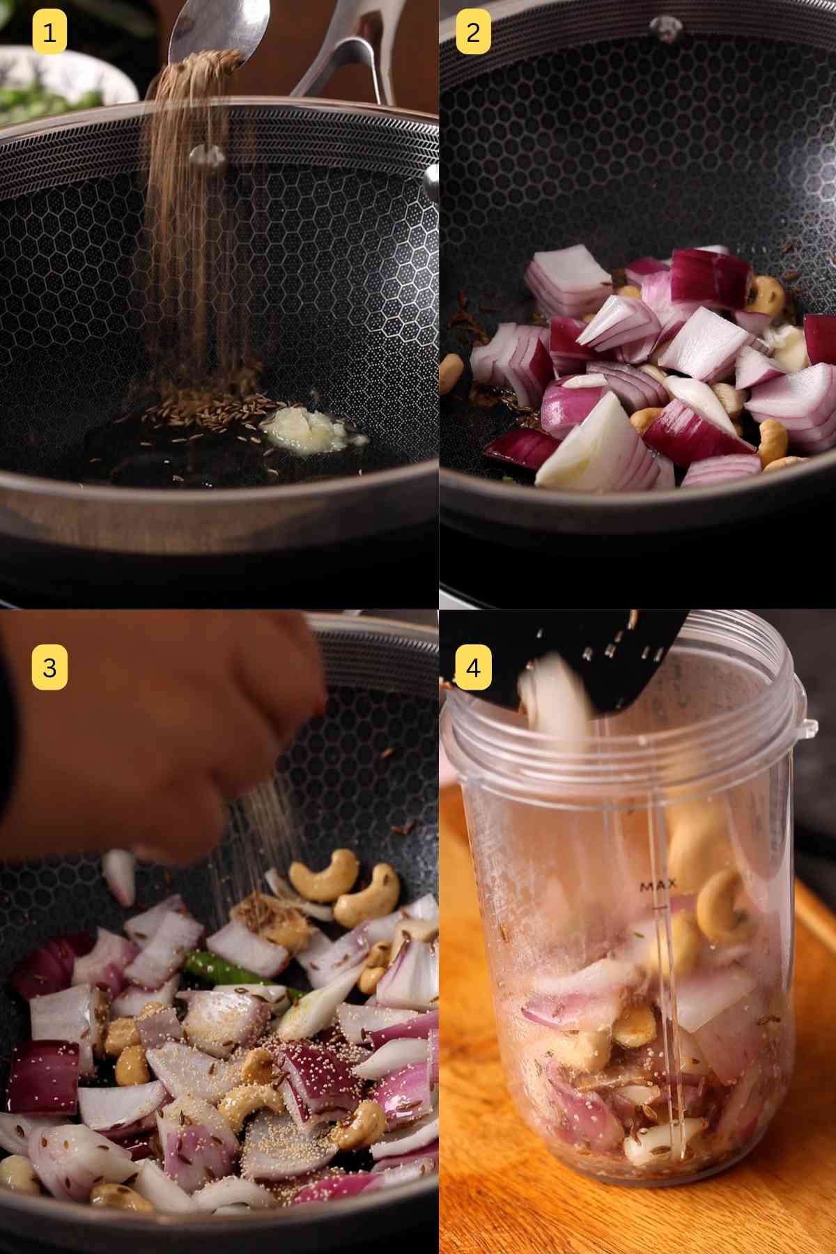 Making onion and cashew nut paste.