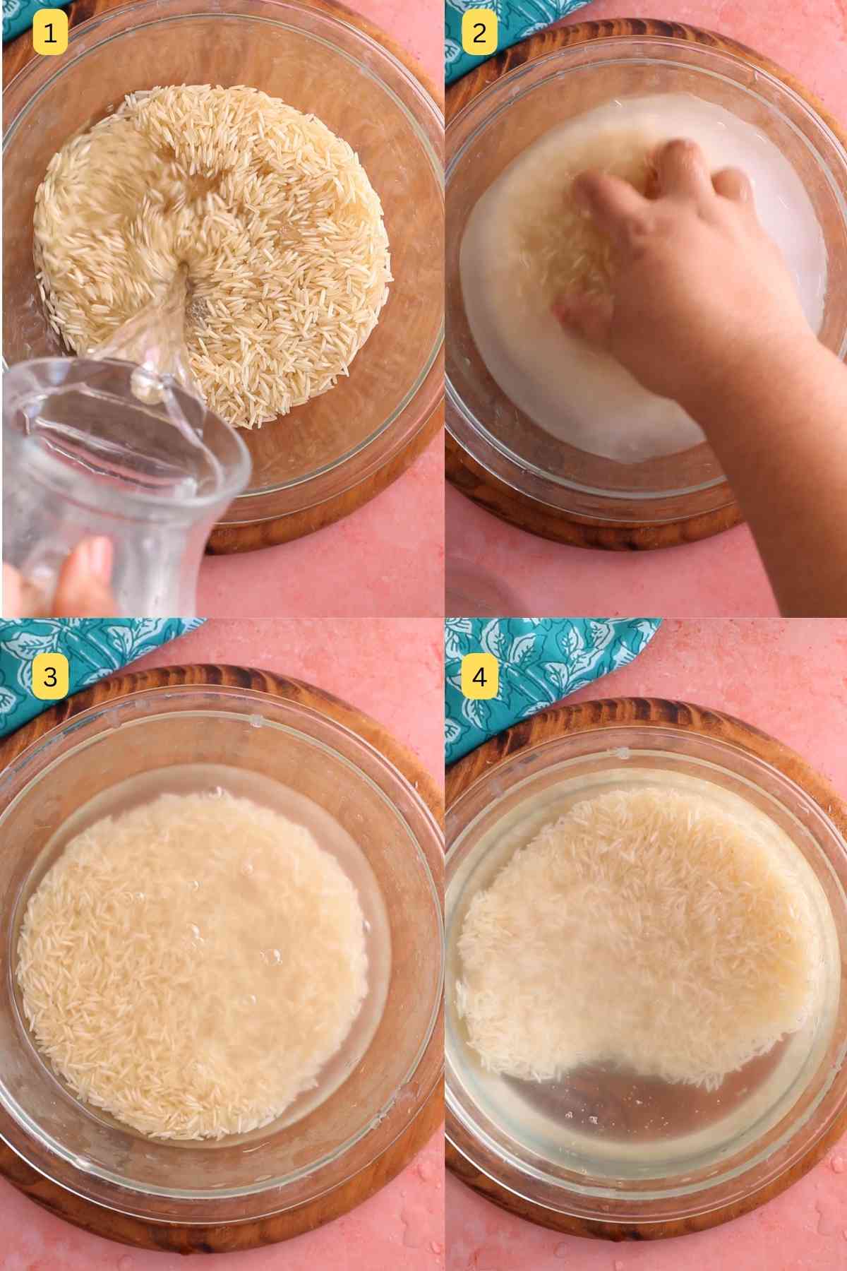 Washing and soaking basmati rice. 