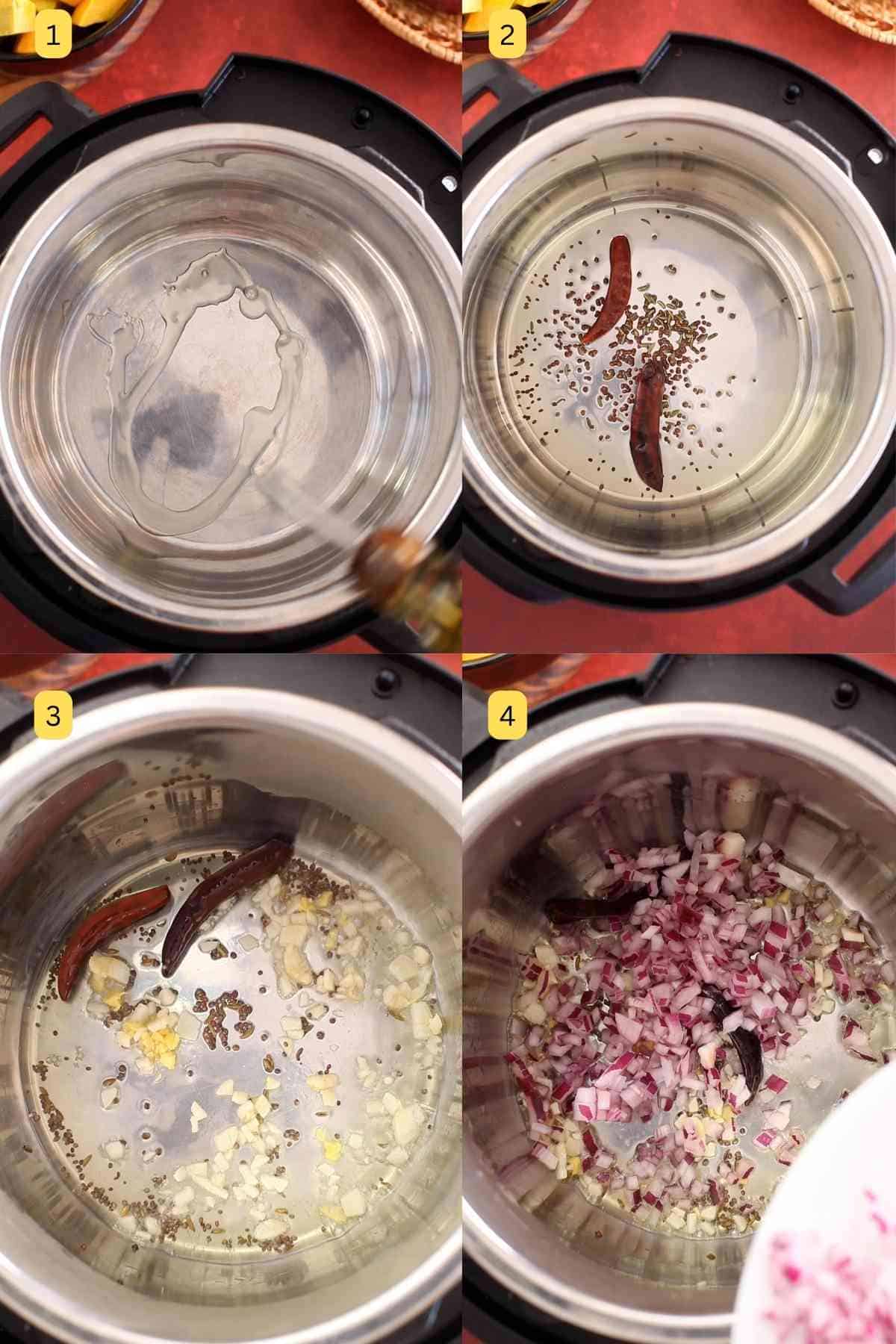 Tempering oil with whole spices, ginegr garlic and onion.