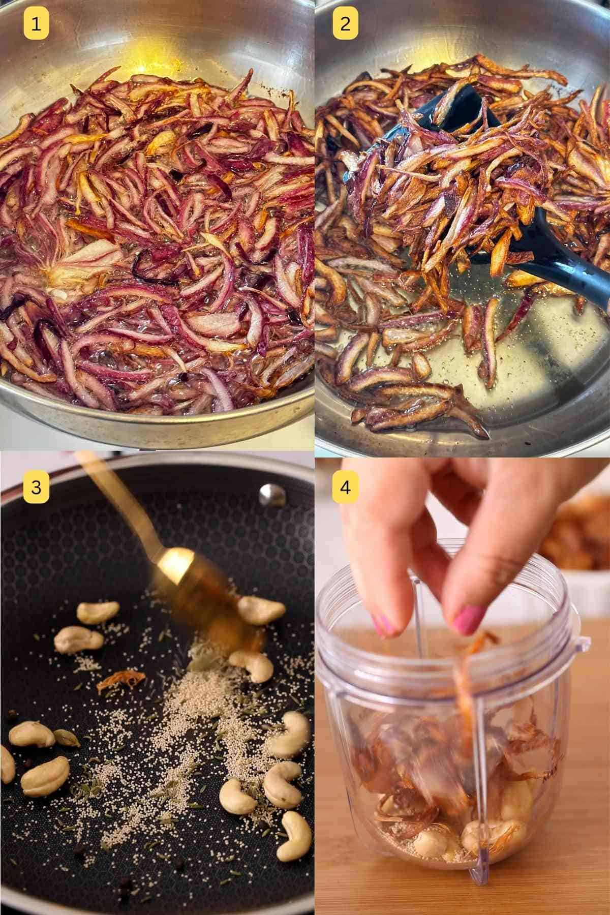 Making crispy fried onions & nut paste.