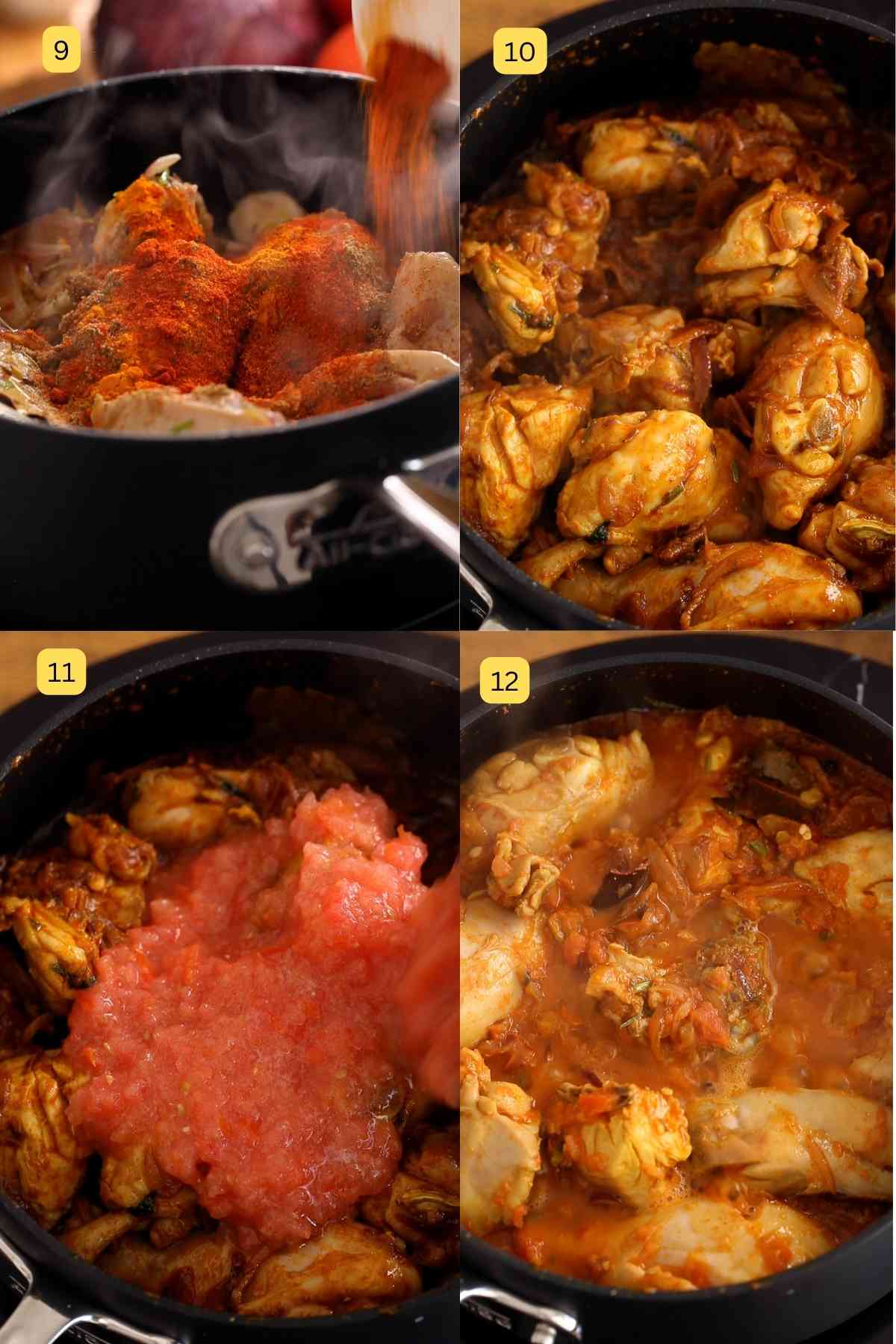 Cooking chicen with spices and crushed tomatoes. 