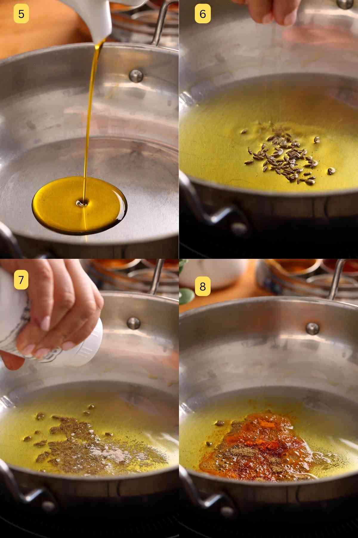 Tempering oil with spices.