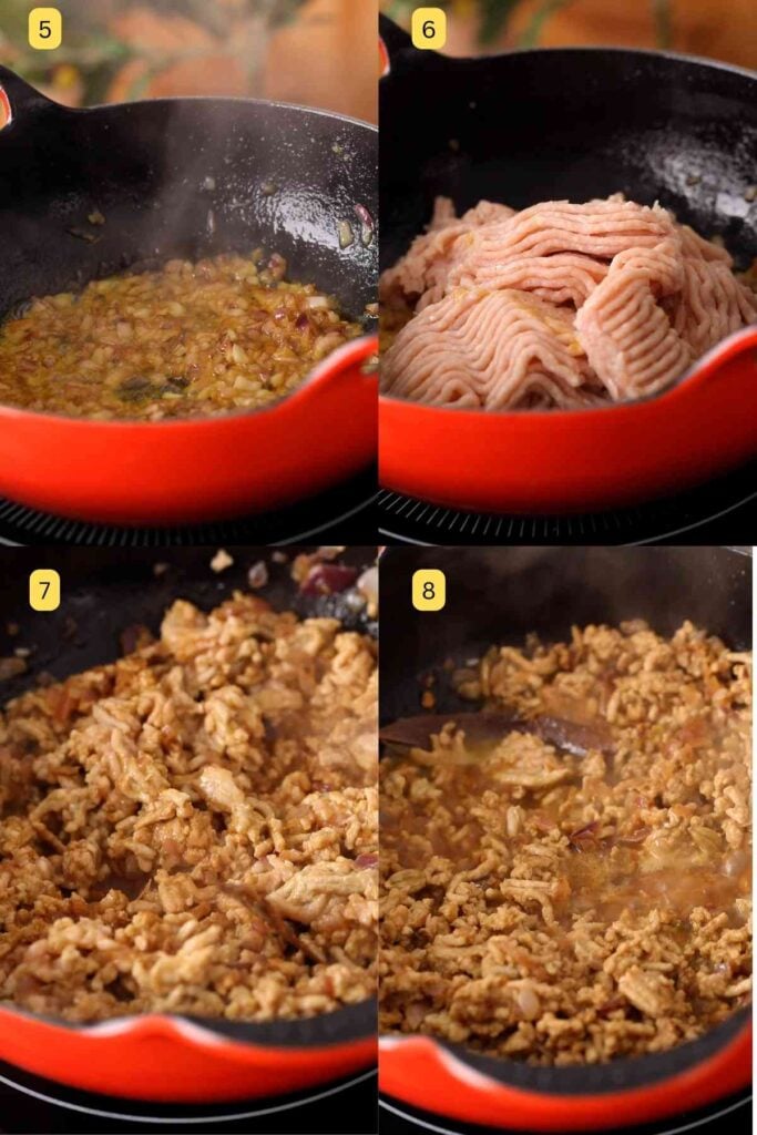 Adding chicken mince to browned onions.