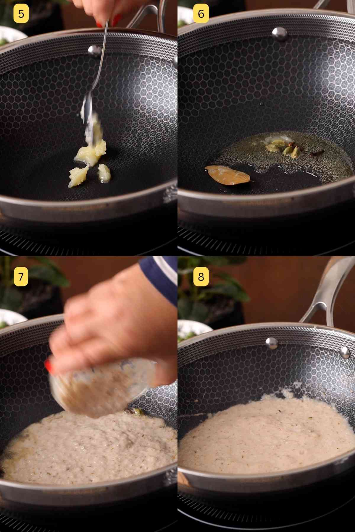 Sauteing the nut paste in ghee.