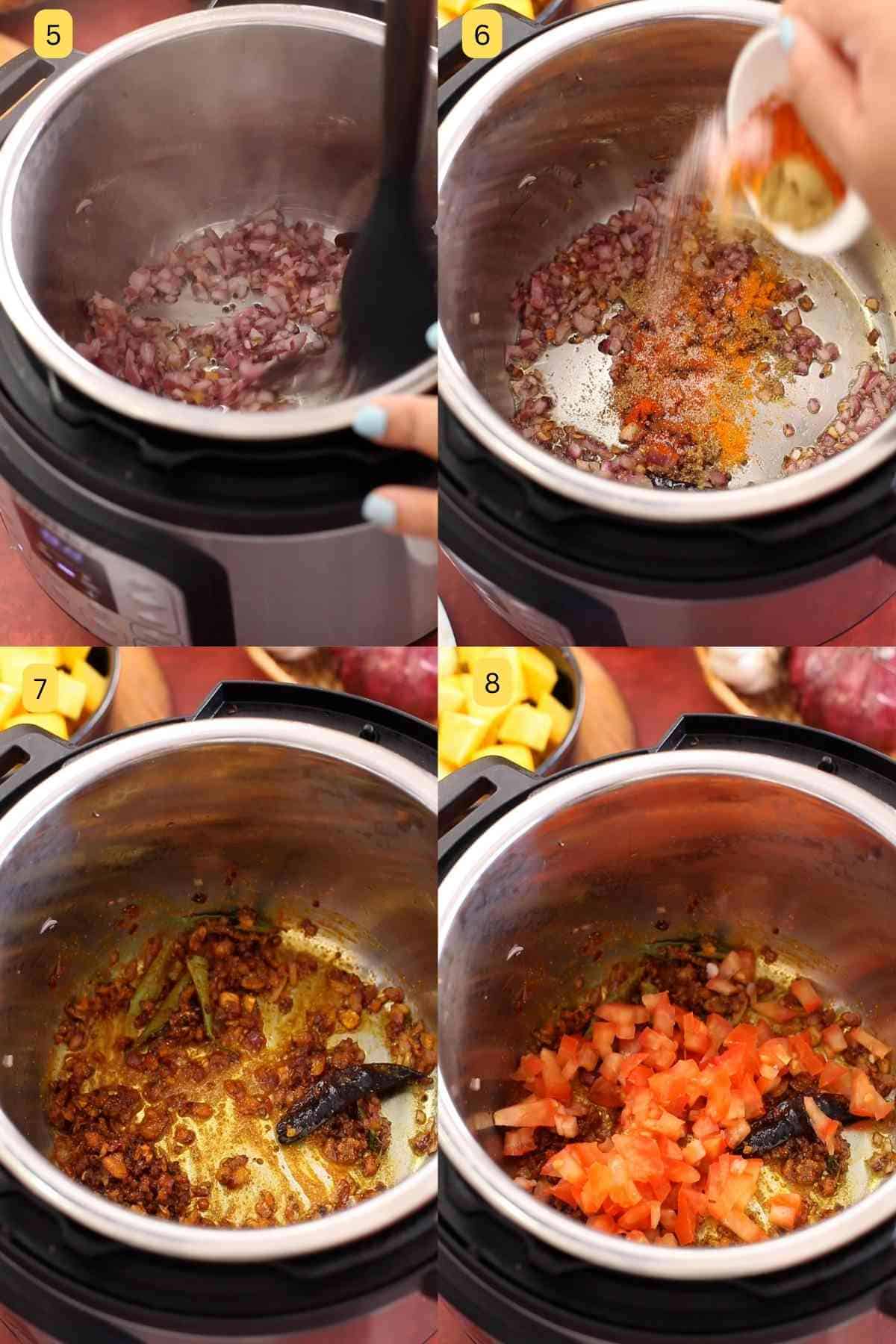 Making onion tomato base for pumpkin curry.