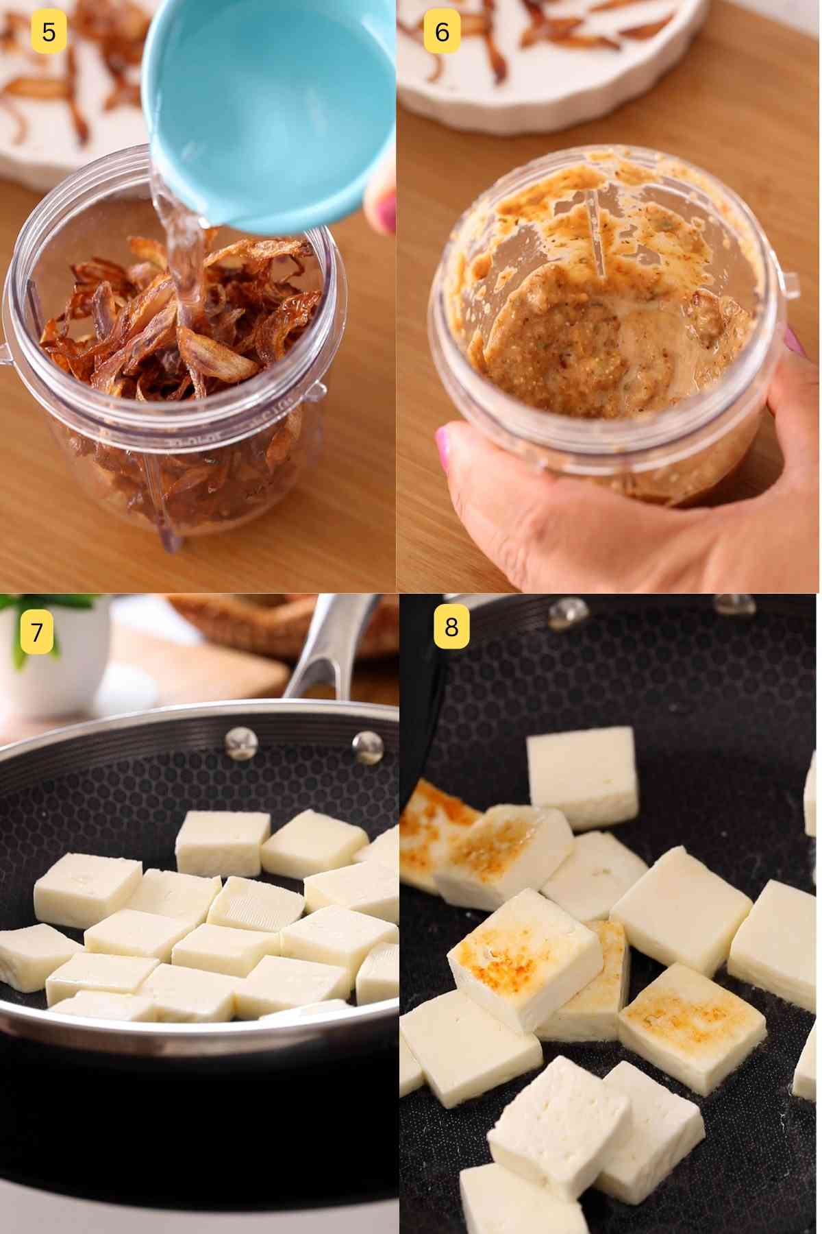 Grind spices and nuts and pan frying paneer.