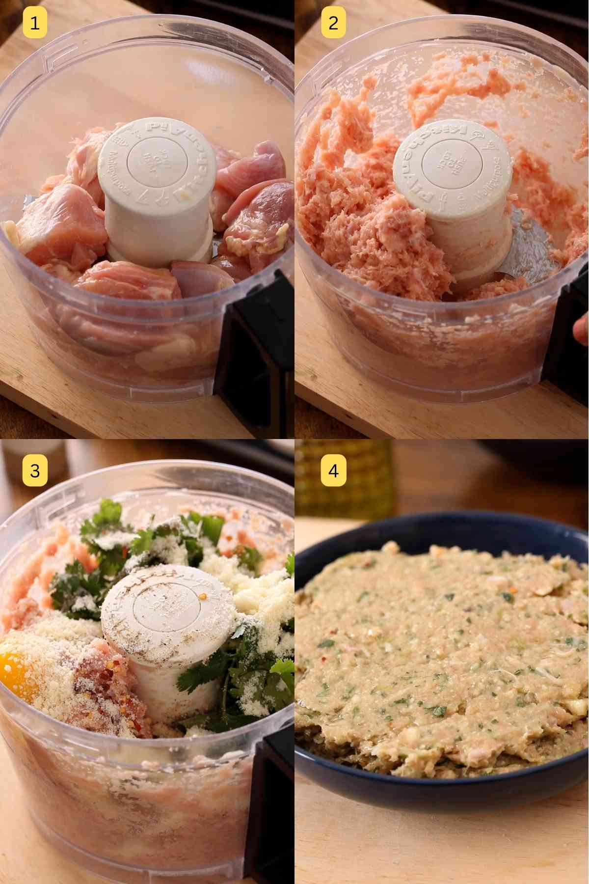 Making chicken mixture for patties for burgers.