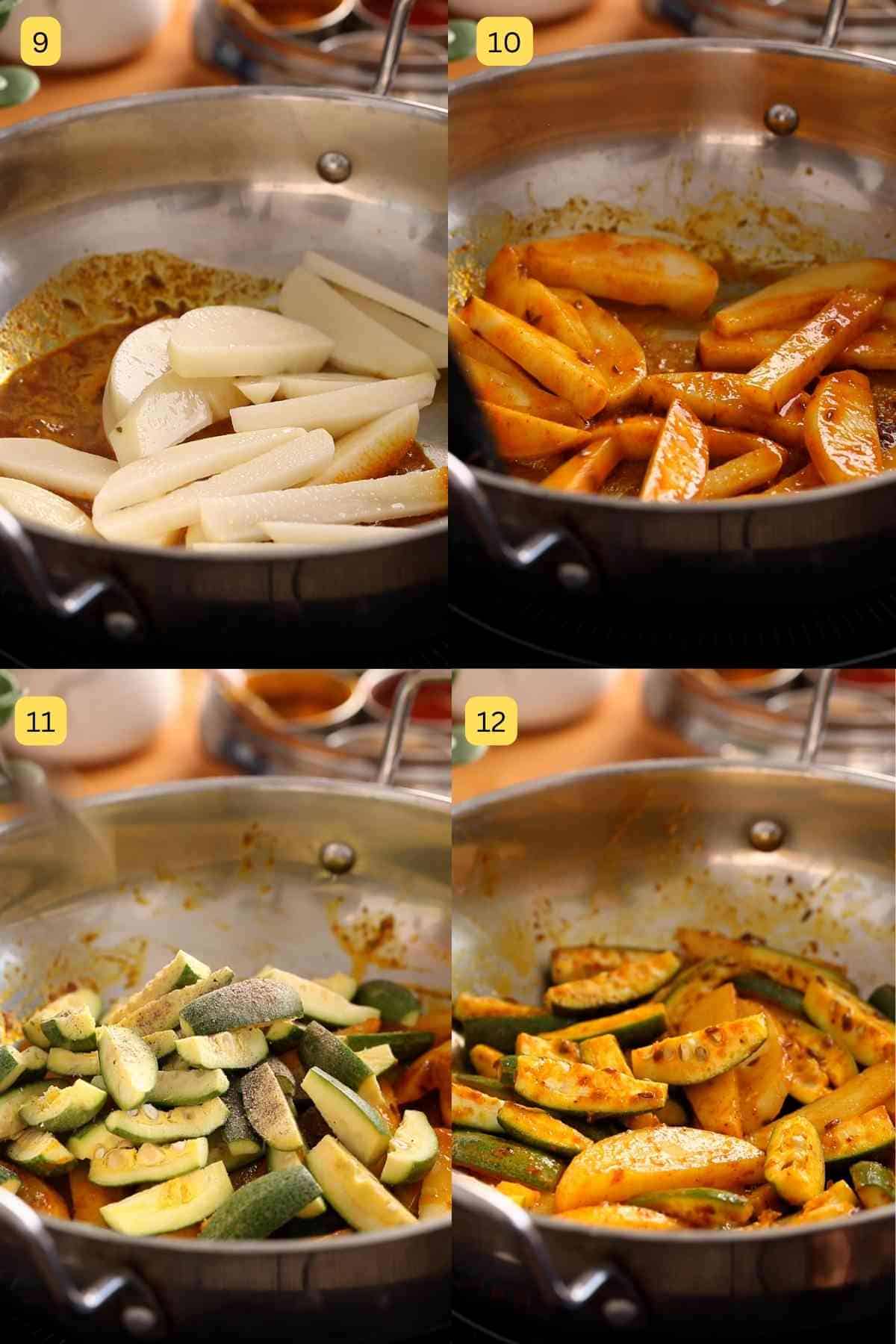 Adding poatoes and parval to the spiced oil.