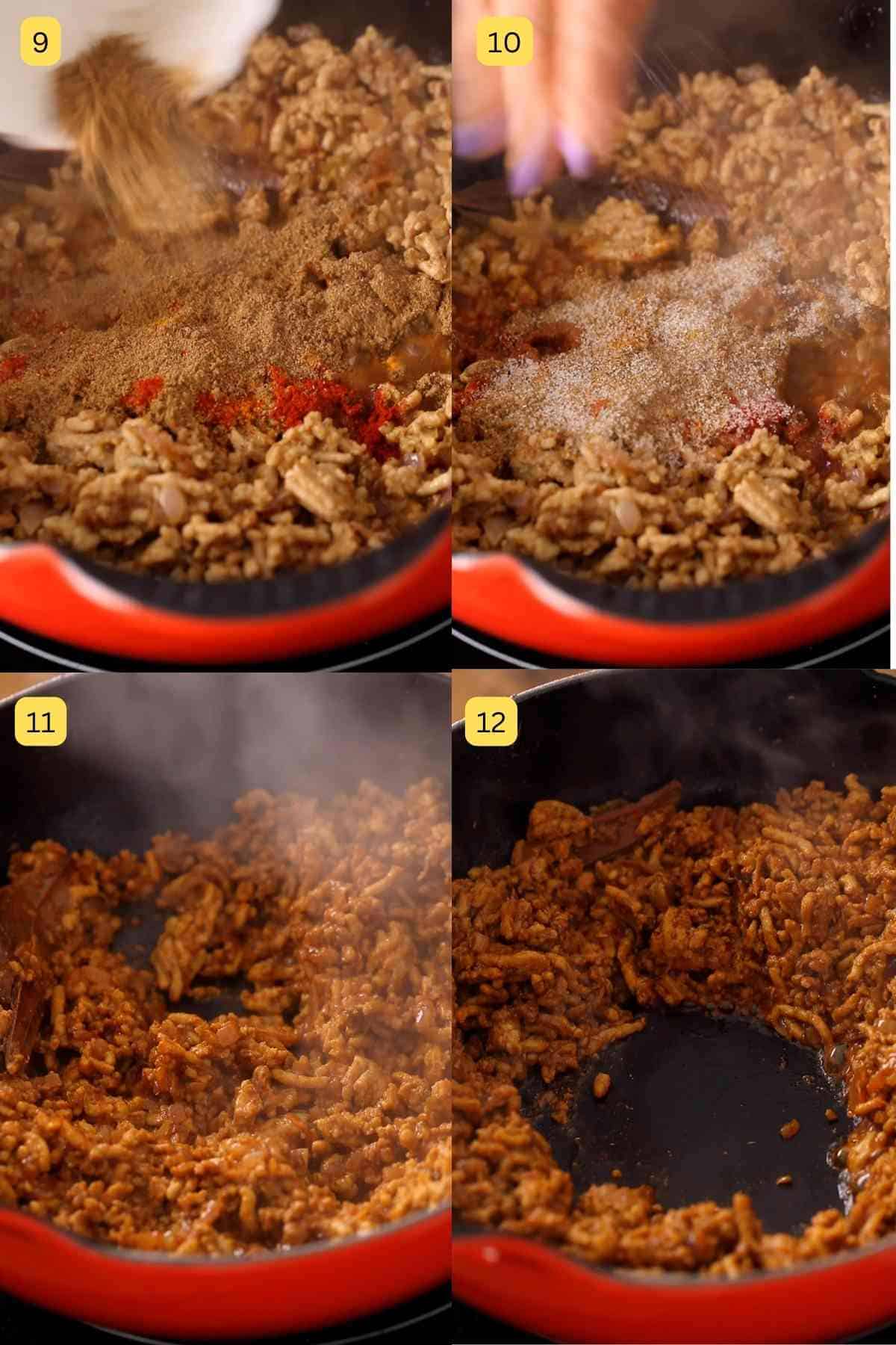 Adding spice powders to chicken keema.