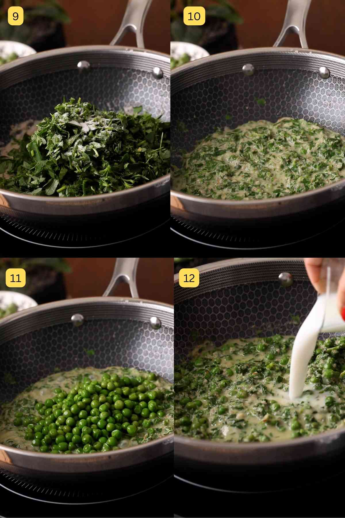 Adding methi and green peas to the sauce.