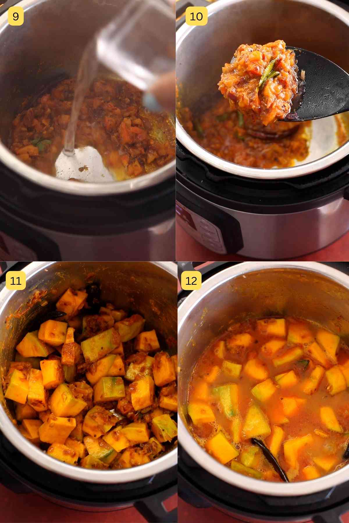 Mixing pumpkin with masala.