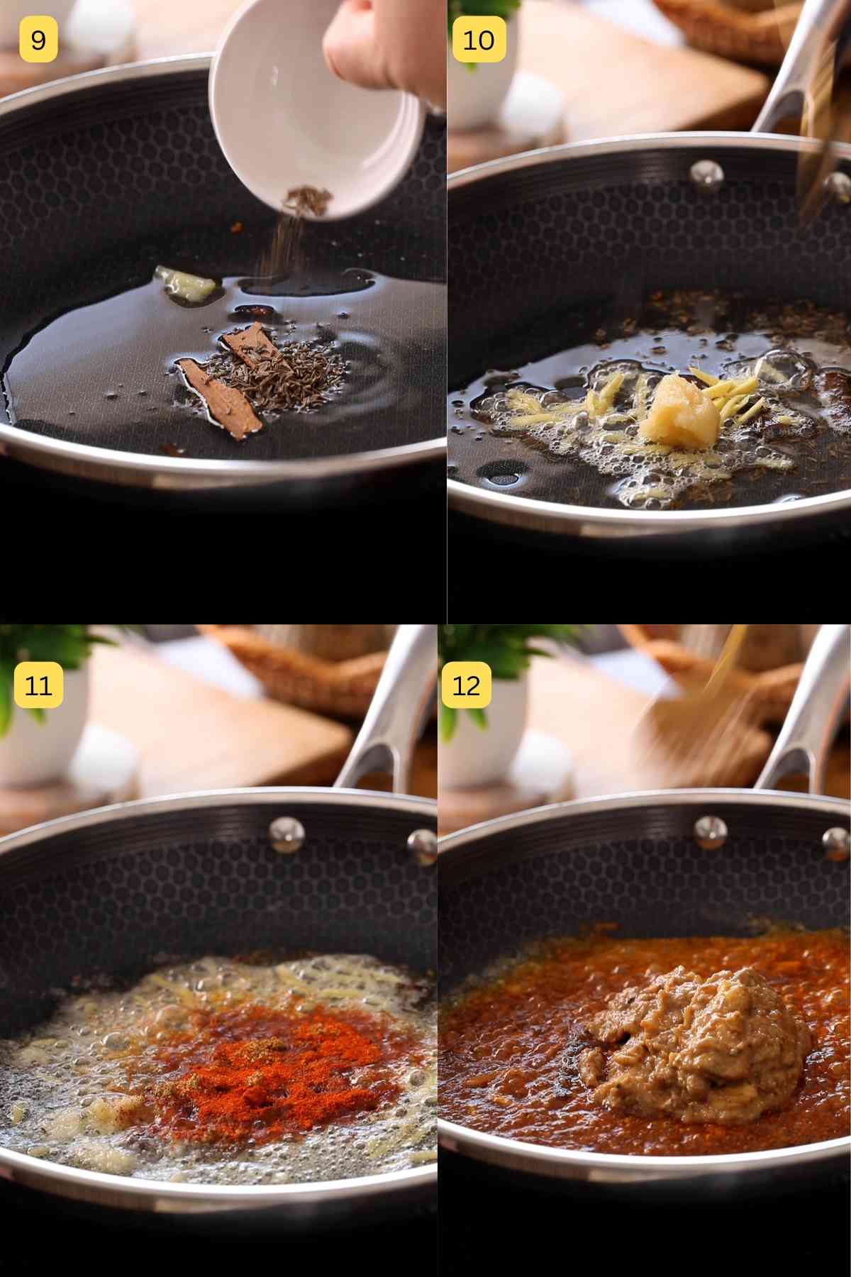 Tempering whole spices and spice powders in ghee.