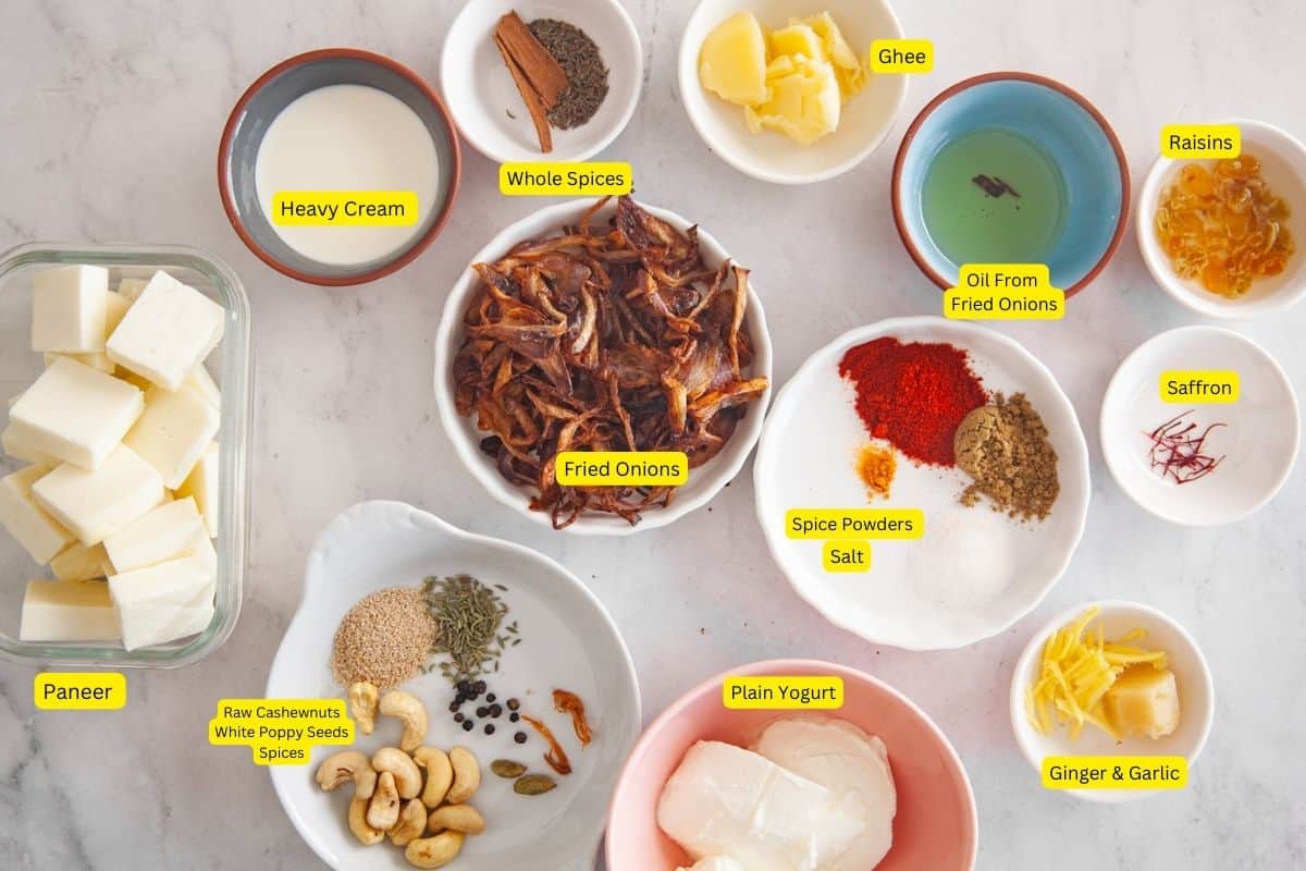 Ingredients for paneer korma.