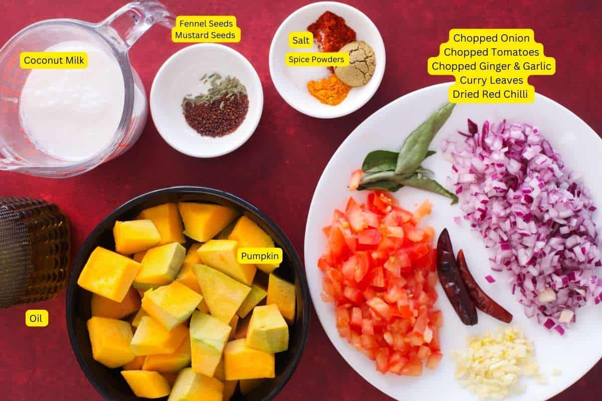 Ingredients needed for indian pumpkin curry.