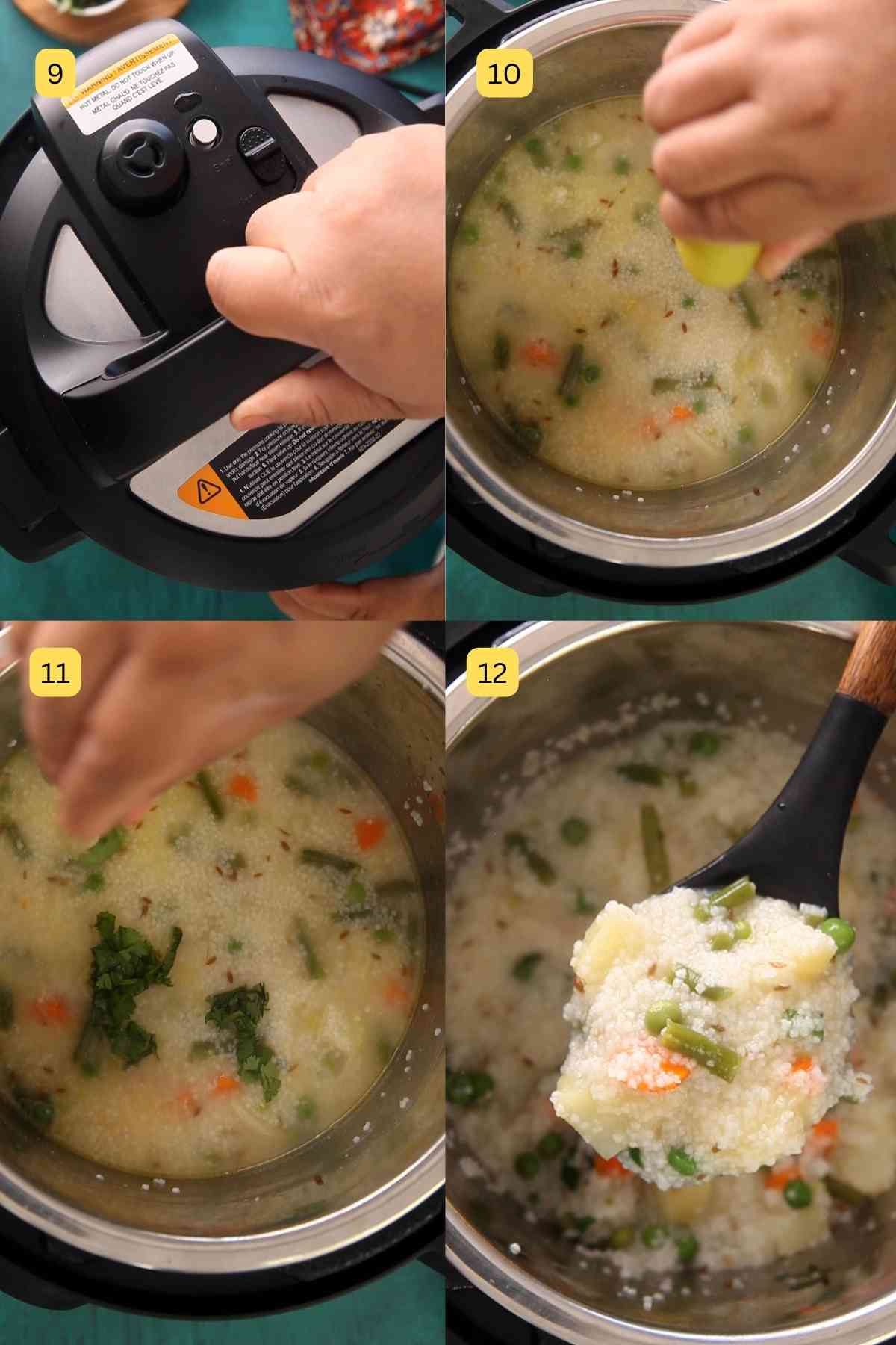 Finishing sama rice pulao with lemon juice and cilantro leaves.