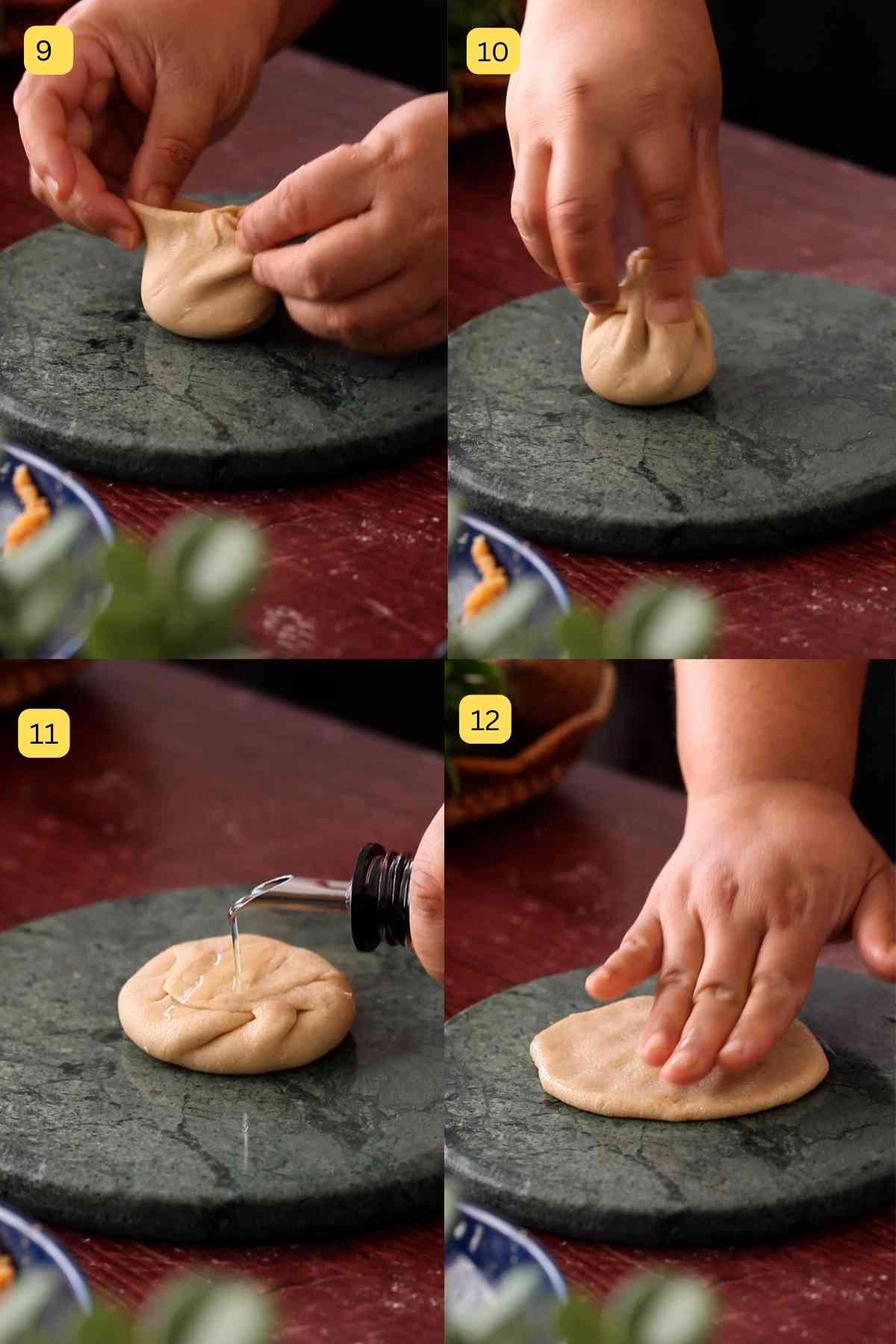 Stuff the kachori dough with spicy potato filling.