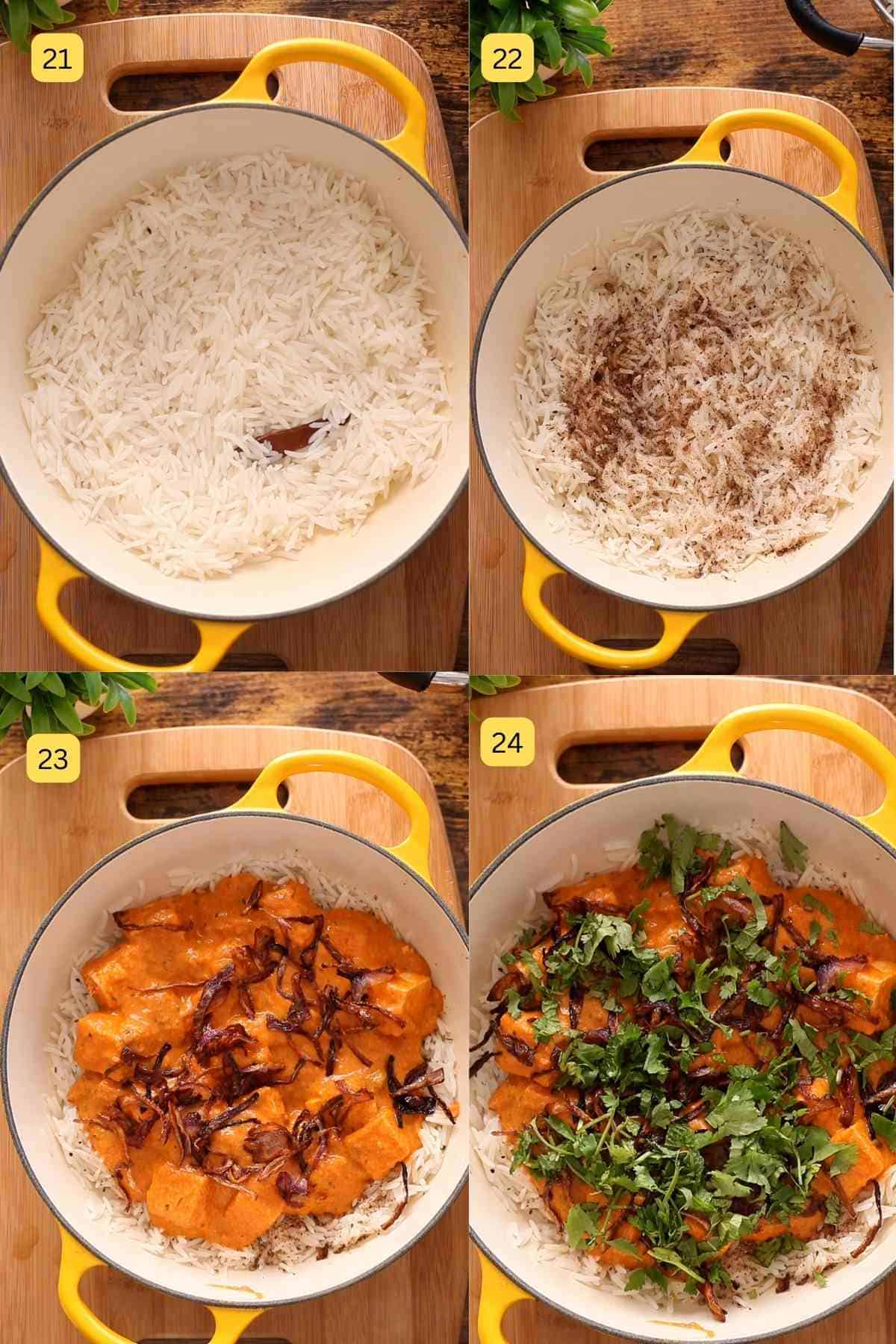 Layering the rice, spices and paneer makhani.