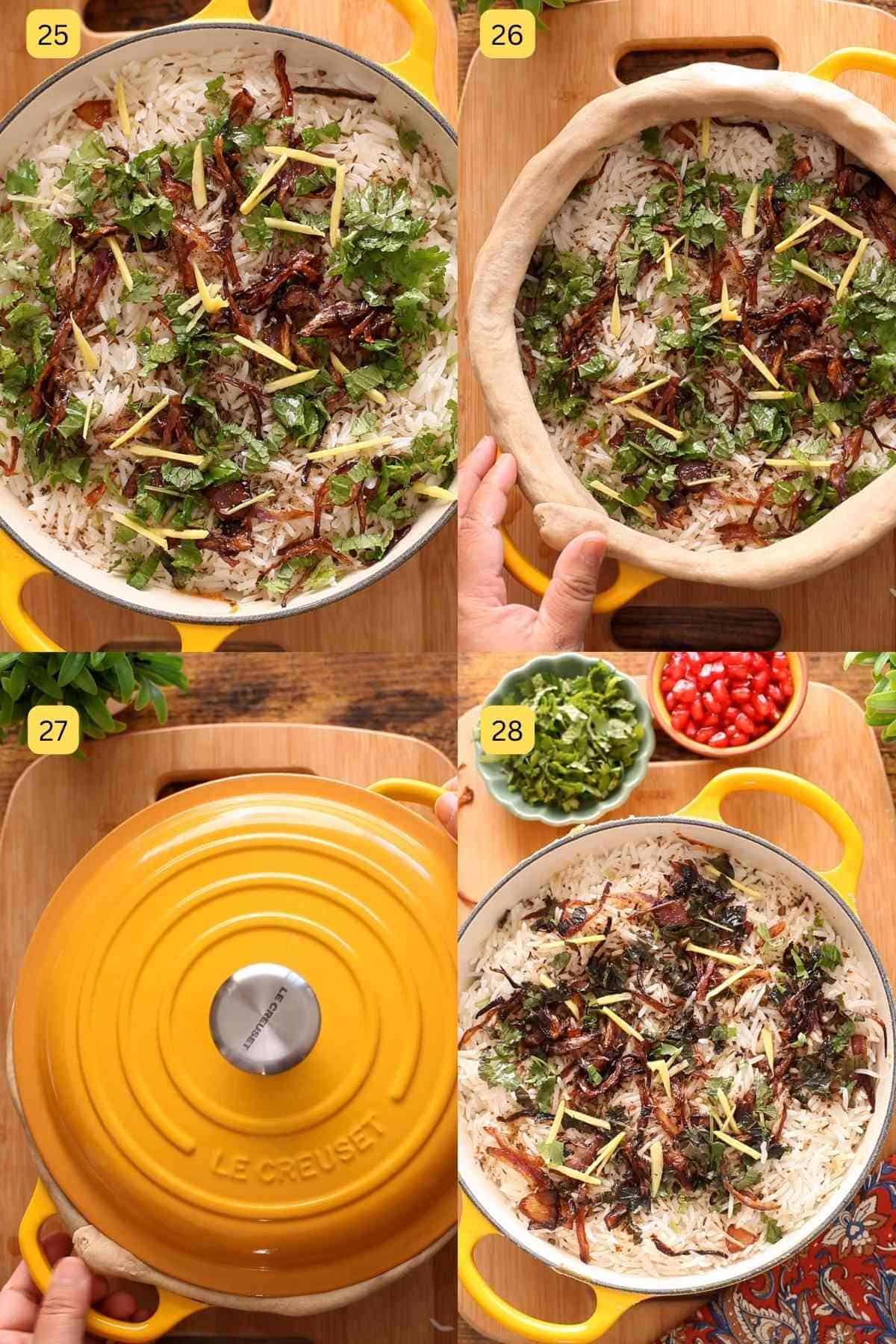 Layering the biryani rice, spices, fried onions and paneer makhani.