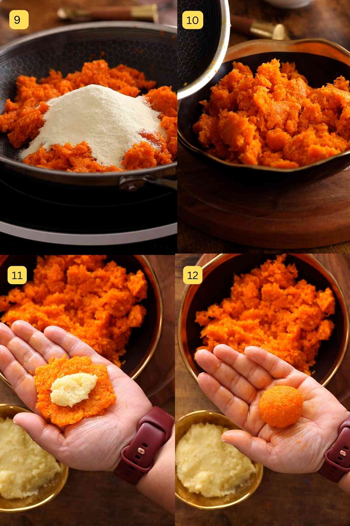 Stuffing carrot laddo with khoya filling.