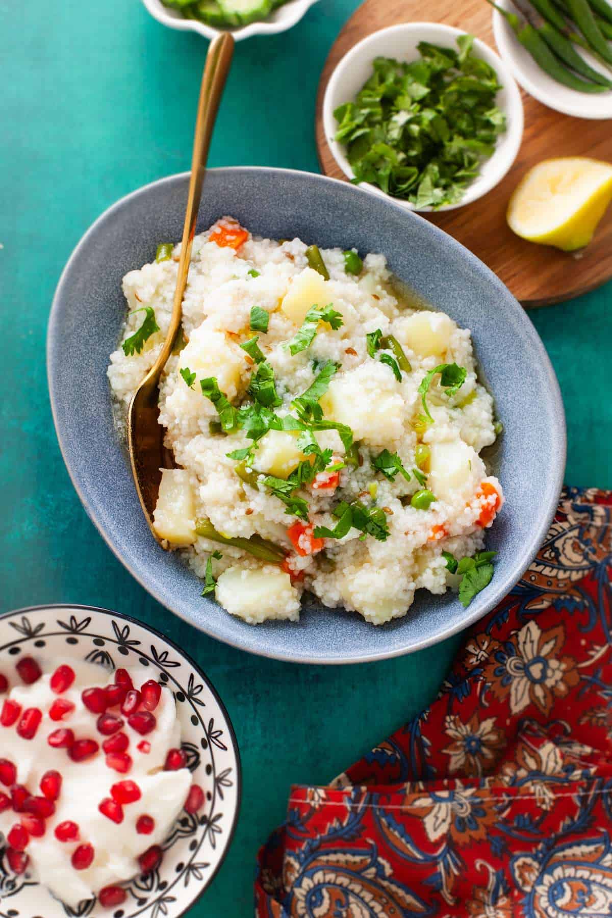 Samvat Rice Pulao served with cucumbers and yogurt. 