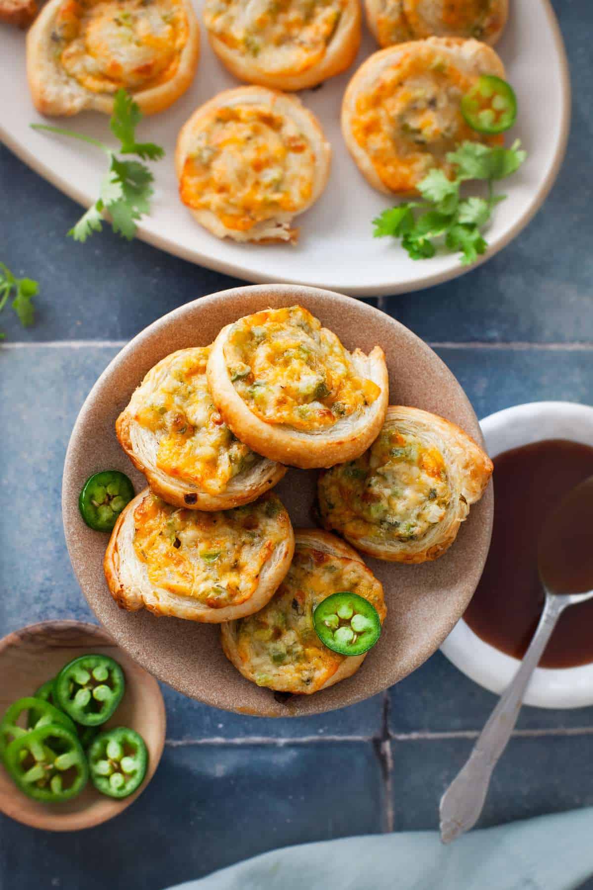 Close up view of spicy pinwheels.