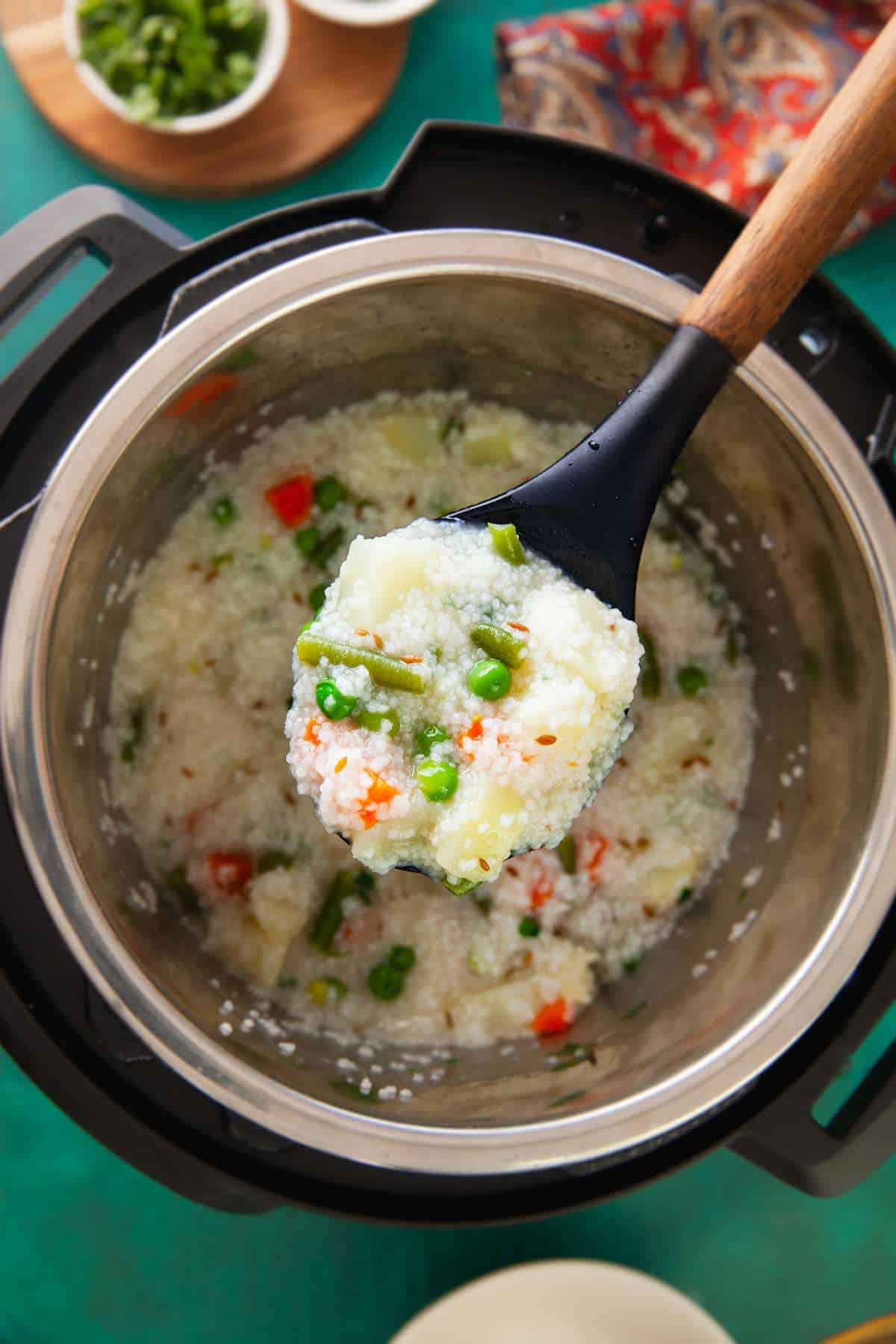 Spoon ful of sama chwal pulao cooked in instant pot.