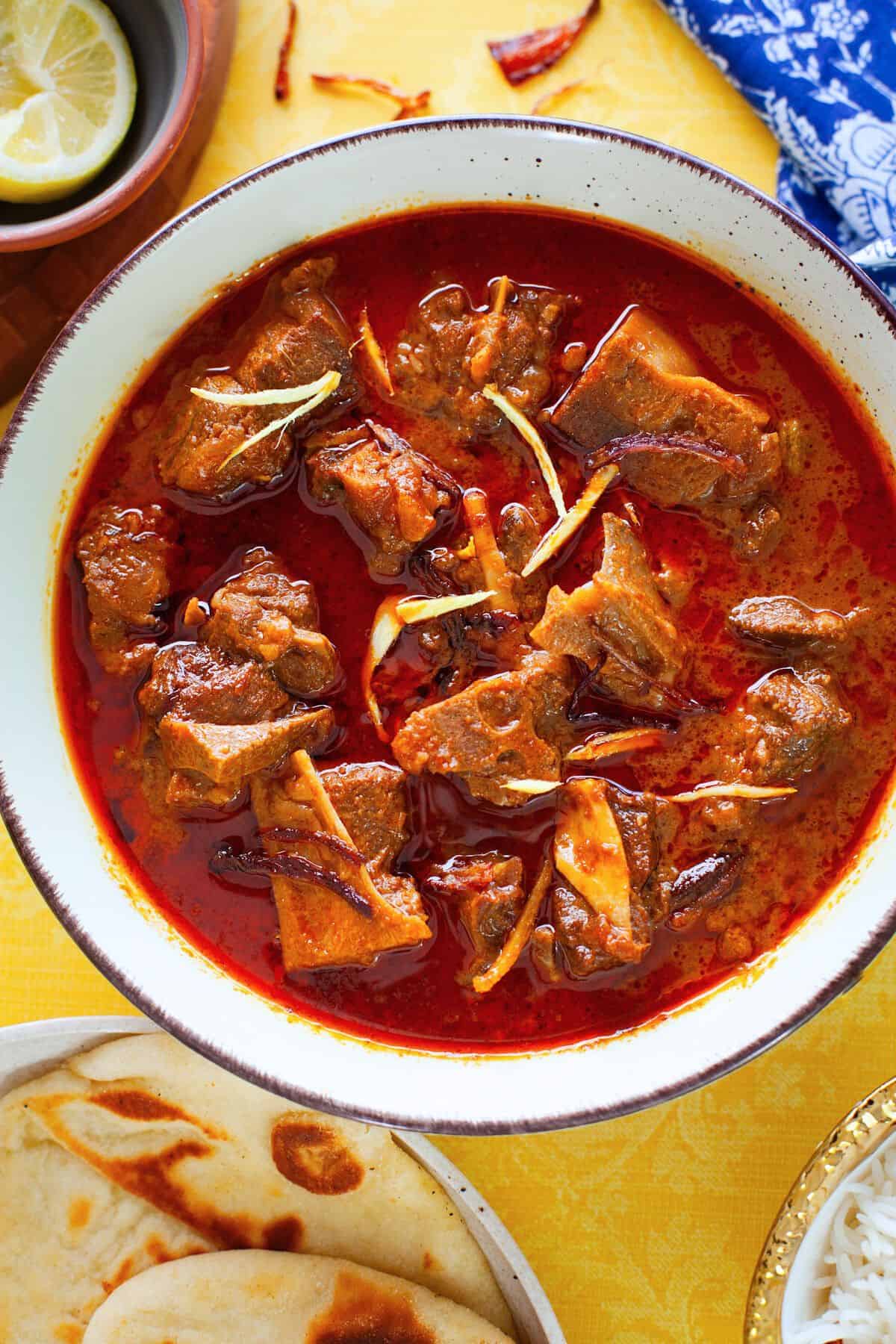 Close up shot of mutton korma.