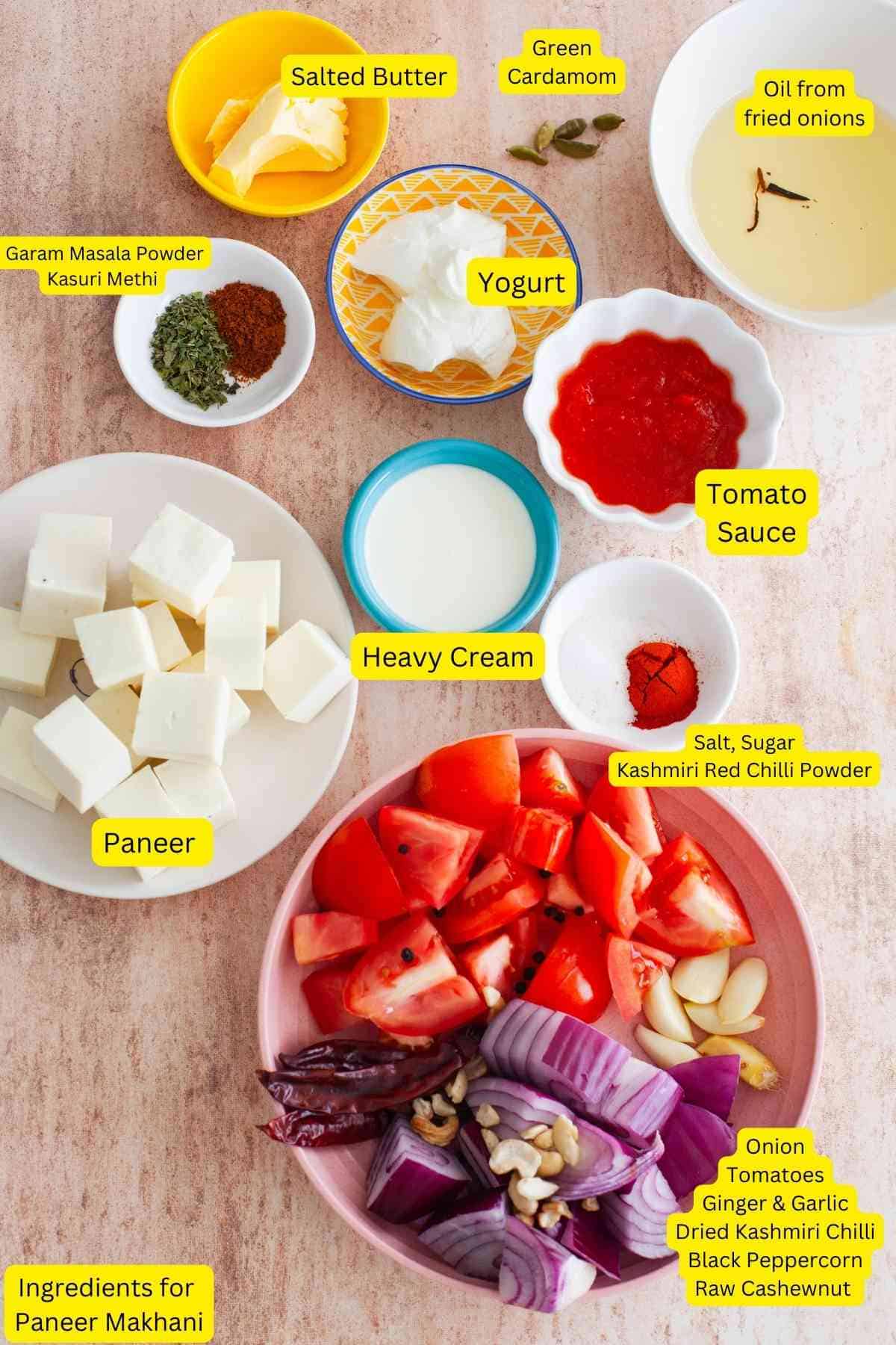 Ingredients for making makhani paneer.